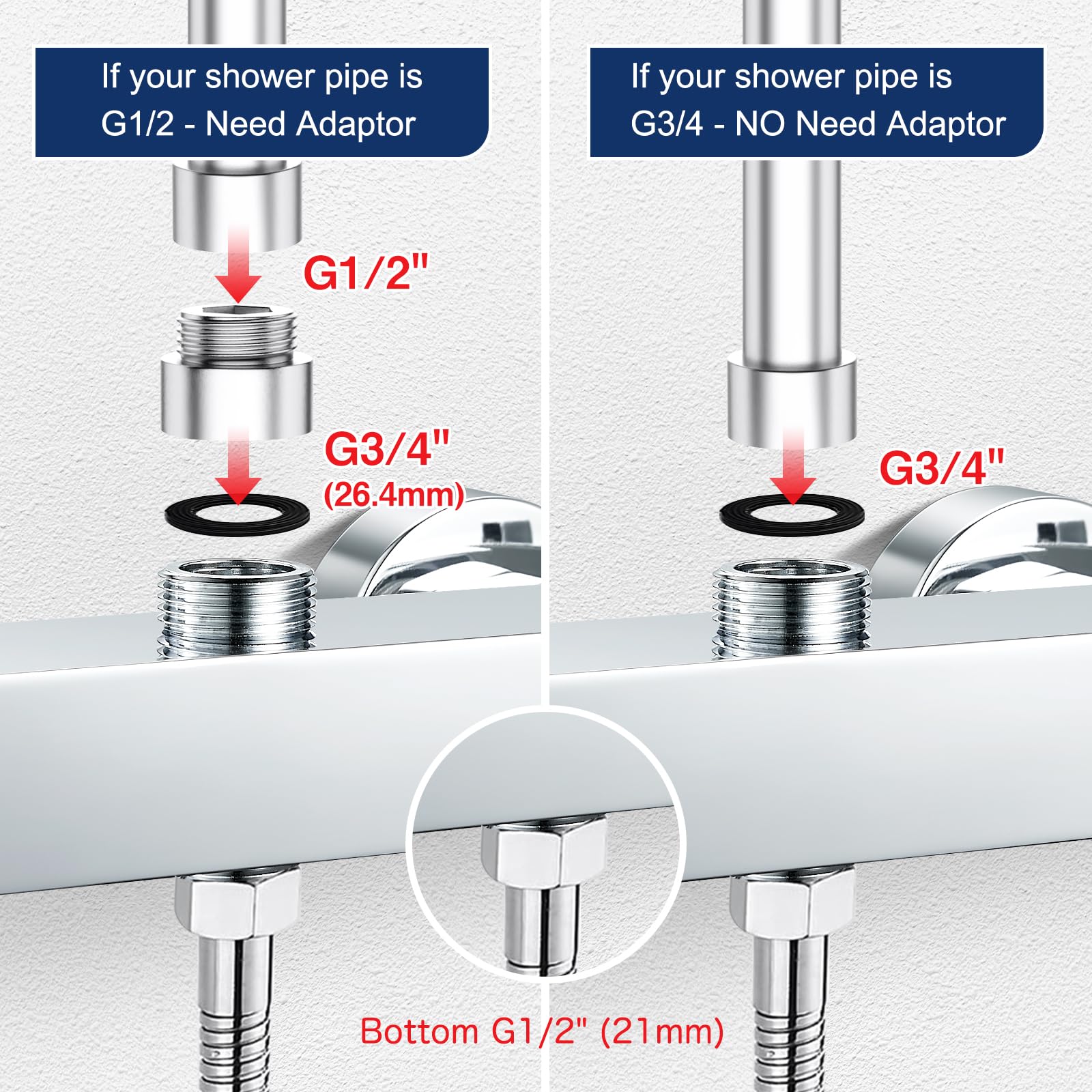 Duscharmatur Mit Thermostat Eckig, Oben 3/4"(26.4 mm) + Unten 1/2"(21 mm) | Duschthermostat Messing Mischbatterie für Dusche mit 2 Auslässen, Brausearmatur mit 38 °C Sicherheitstaste, 150mm Wandmontage