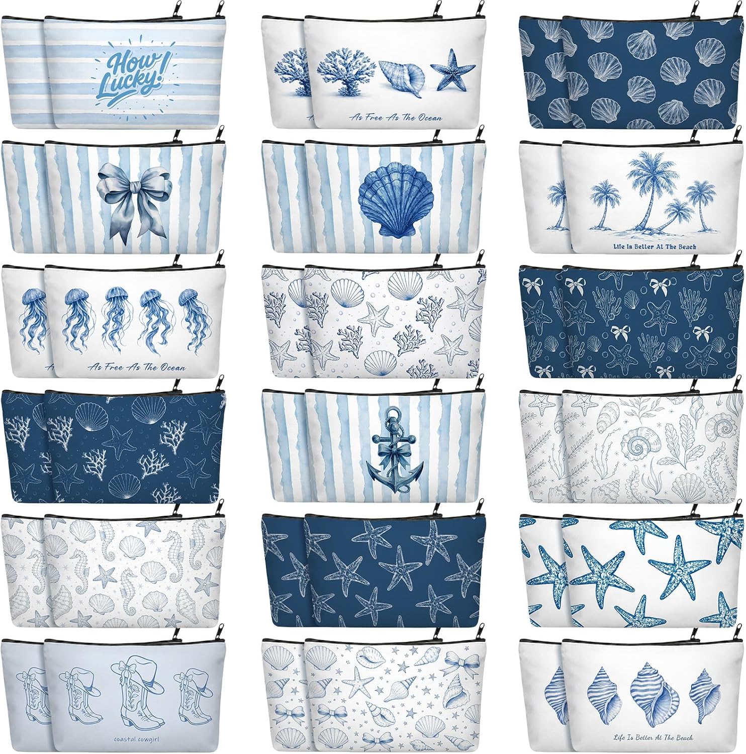 Abbylike 36 Pcs Ocean Themed Cosmetic Bags Bulk Gifts Coastal Zipper Pouch Makeup Bag for Women Plaid Cosmetics Sea Travel Toiletry Bags for Women Beach Summer Trip Organizer Set