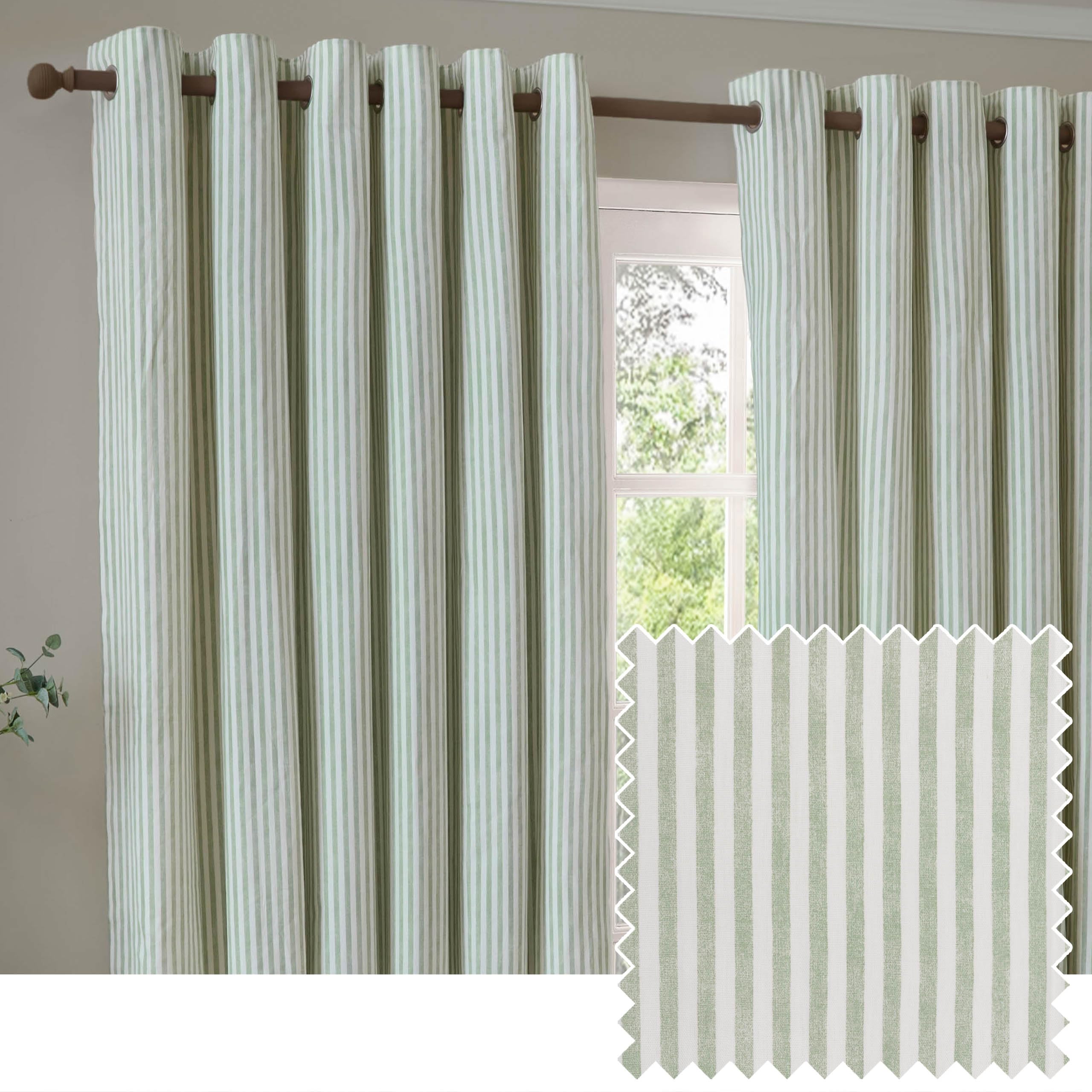 Yard furn Hebden Eyelet Curtain Pair – Ultra Soft Cotton Lined Striped Curtains (Eucalyptus - 117x183cm)