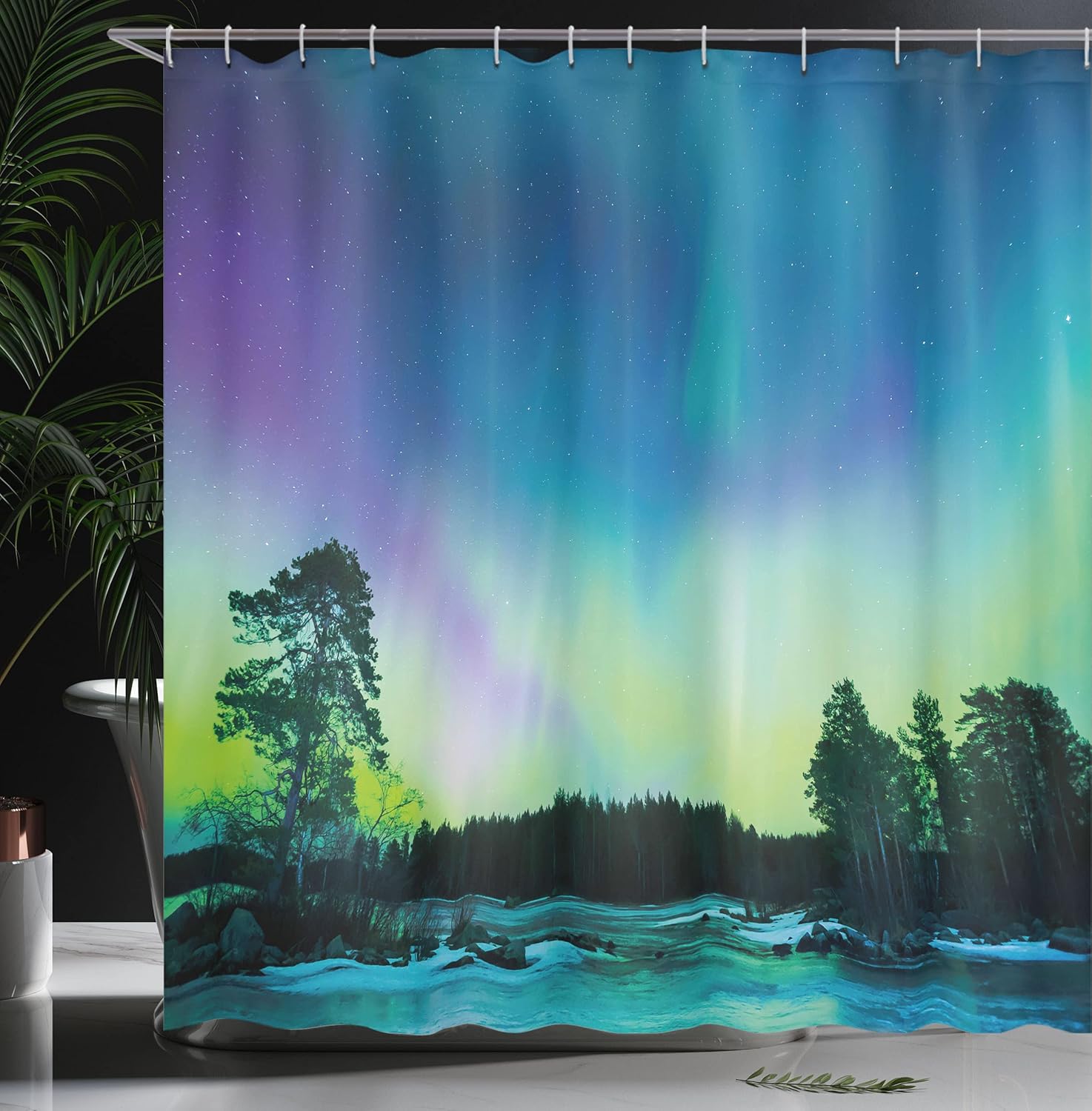 Ambesonne Aurora Borealis Shower Curtain, Sky Over Lake Surrounded Forest Woods Hemisphere Print, Cloth Fabric Bathroom Decor Set with Hooks, 69" W x 70" L, Violet Blue Lime Green