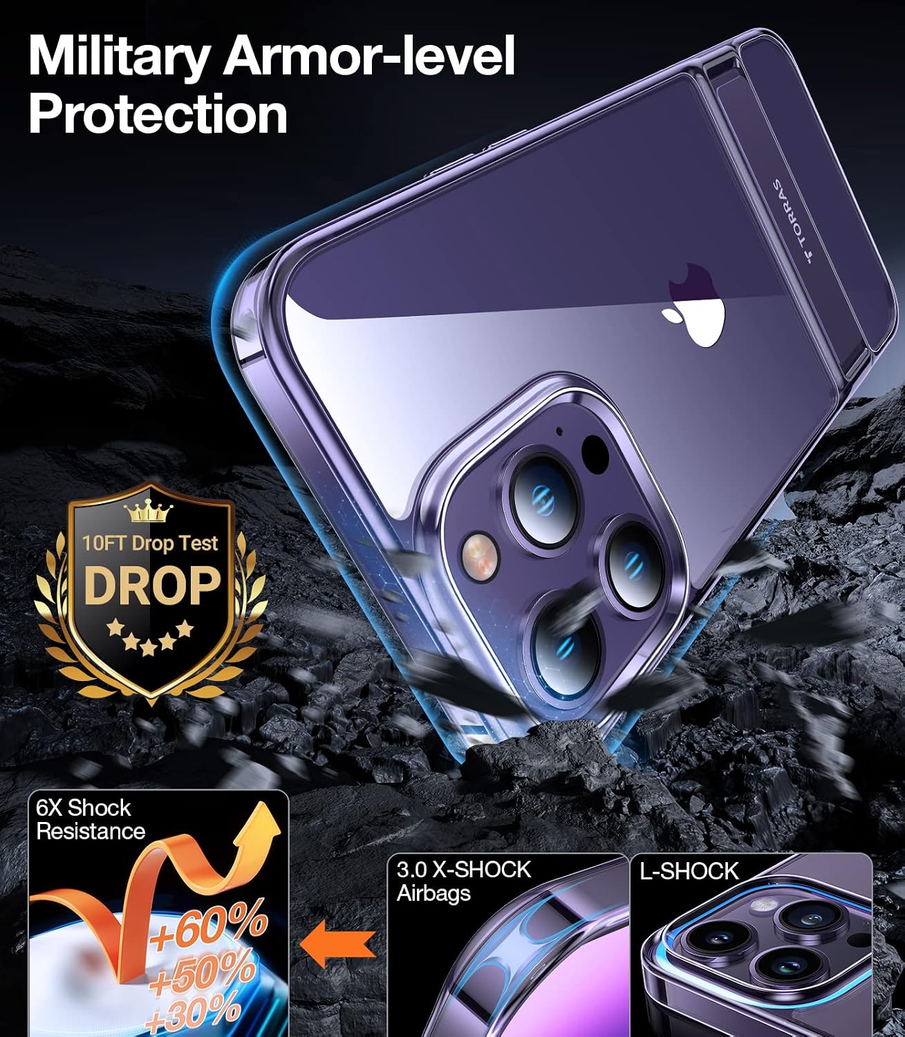 TORRAS MoonClimber Designed for iPhone 14 Pro Case Clear with Stand Metal Kickstand, Non-Yellowing, 10FT Military Drop Protective Shockproof Slim Hard Case for 14 Pro Phone Case with Kickstand, Purple