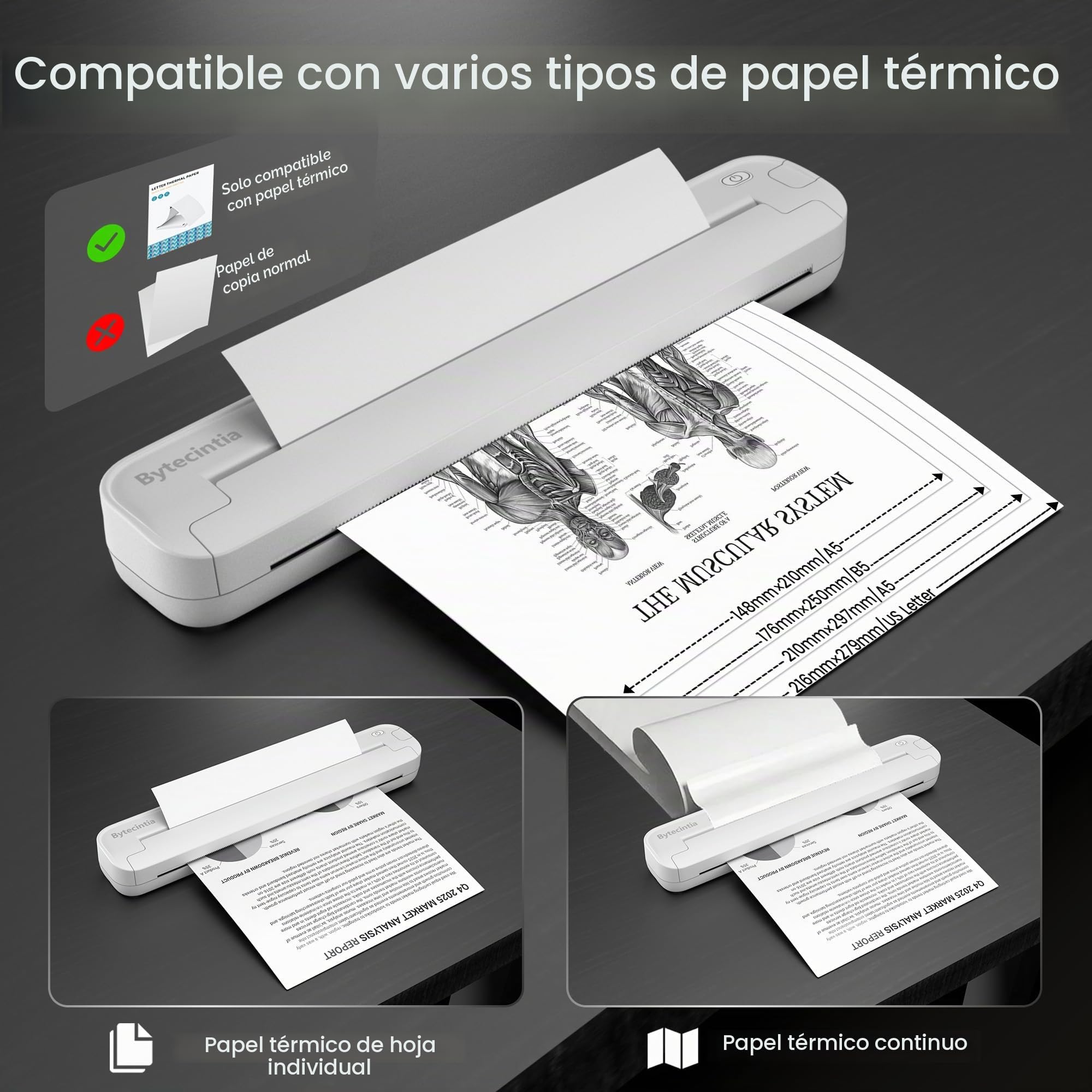 Impresora Portátil, Impresora Térmica Bluetooth de Viaje, Compatible con iPhone Android y PC, para Teletrabajo, Coche, Plantillas Tatuajes, Blanco