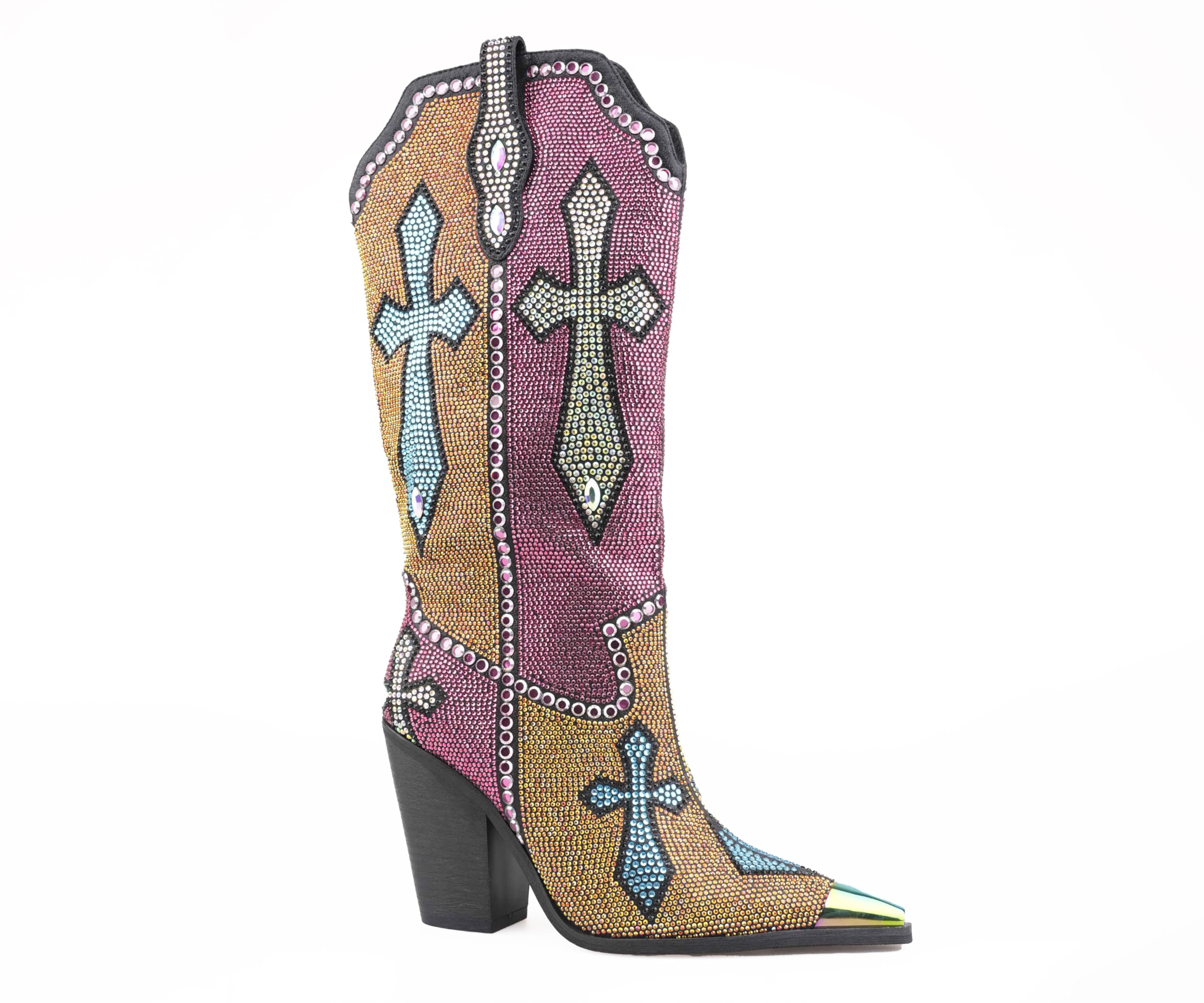 Womens Western Cowboy Knee-High Boots with Colorful Rhinestones Iridescent Toe Cross Pattern - Sparkly Fashion Boots for Trendy