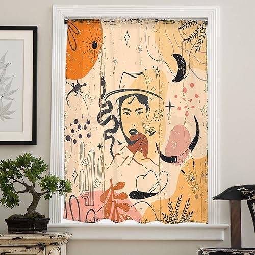 Miniatura 4 de Middle Century Sheer Curtains Drapes Window Treatment Farmhouse Modern Abstract Art Geometric Rod Pocket Voile Kitchen Window Curtain Panels Semi