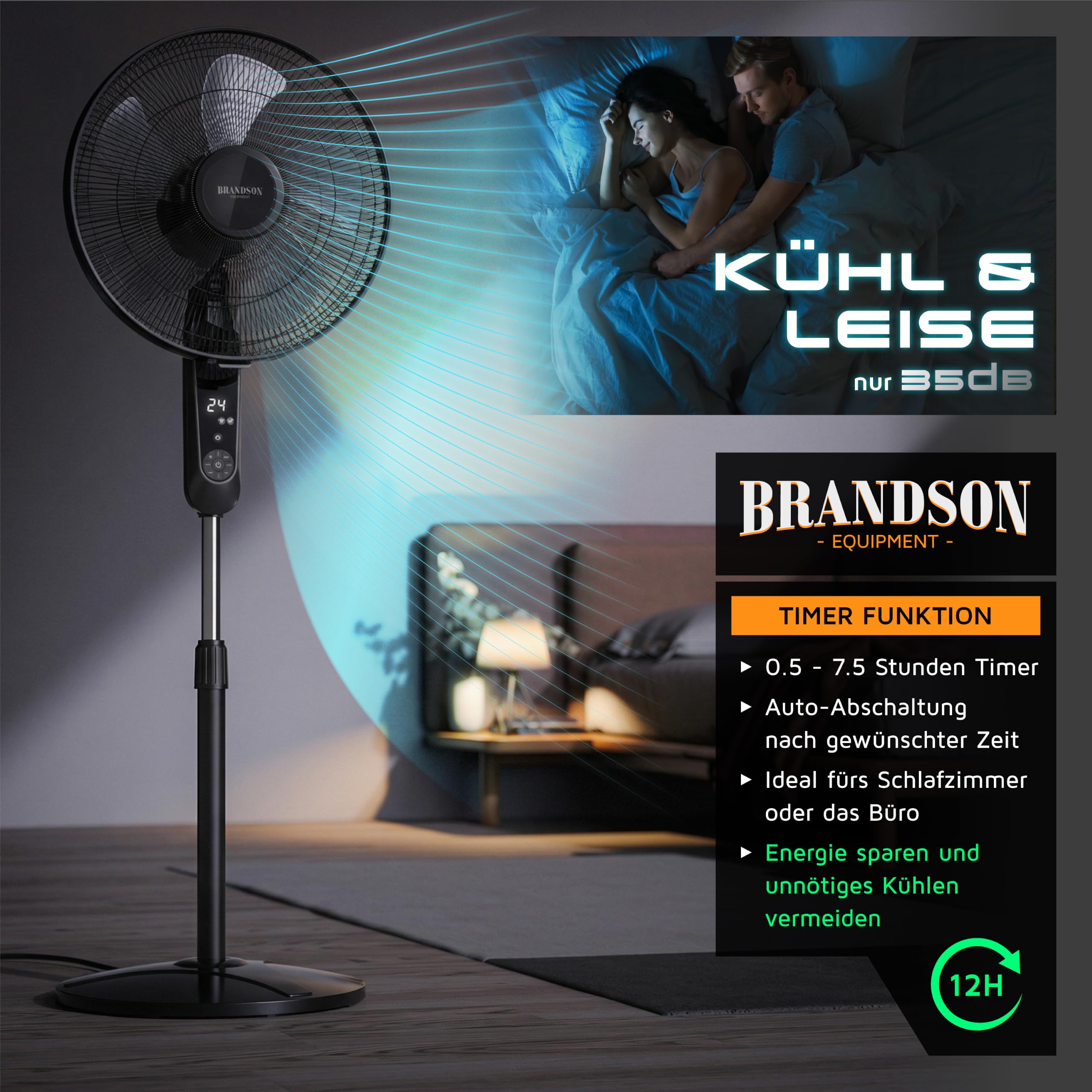 Brandson - Standventilator DC Silent mit Fernbedienung + Display - mobiler Lüfter leise, 24 Geschwindigkeiten - Oszillation 80° - Ventilator energiesparend