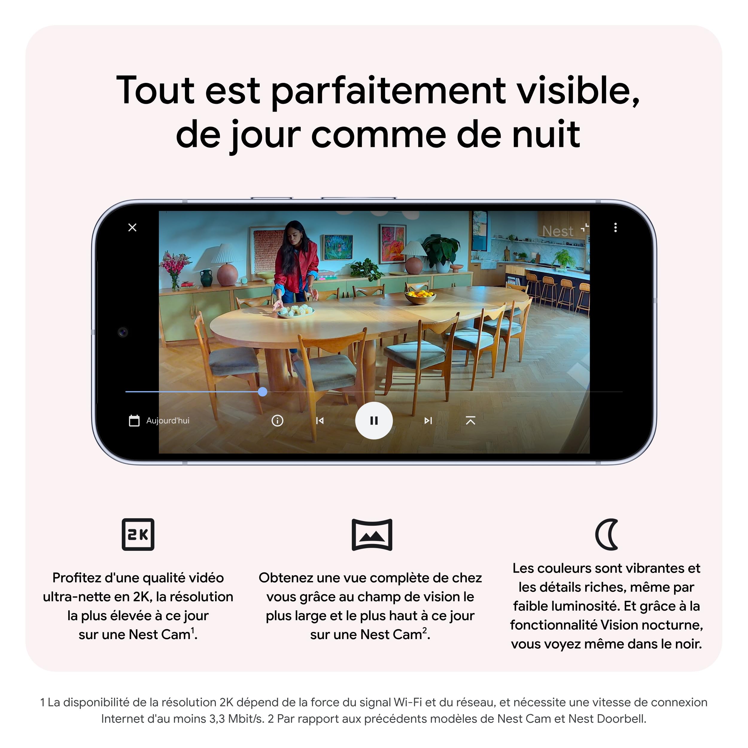 Google Nest Cam Intérieur (Filaire, 3e génération) - Caméra de sécurité intérieure avec vidéo 2K - Fonctionne avec Google Home - Neige