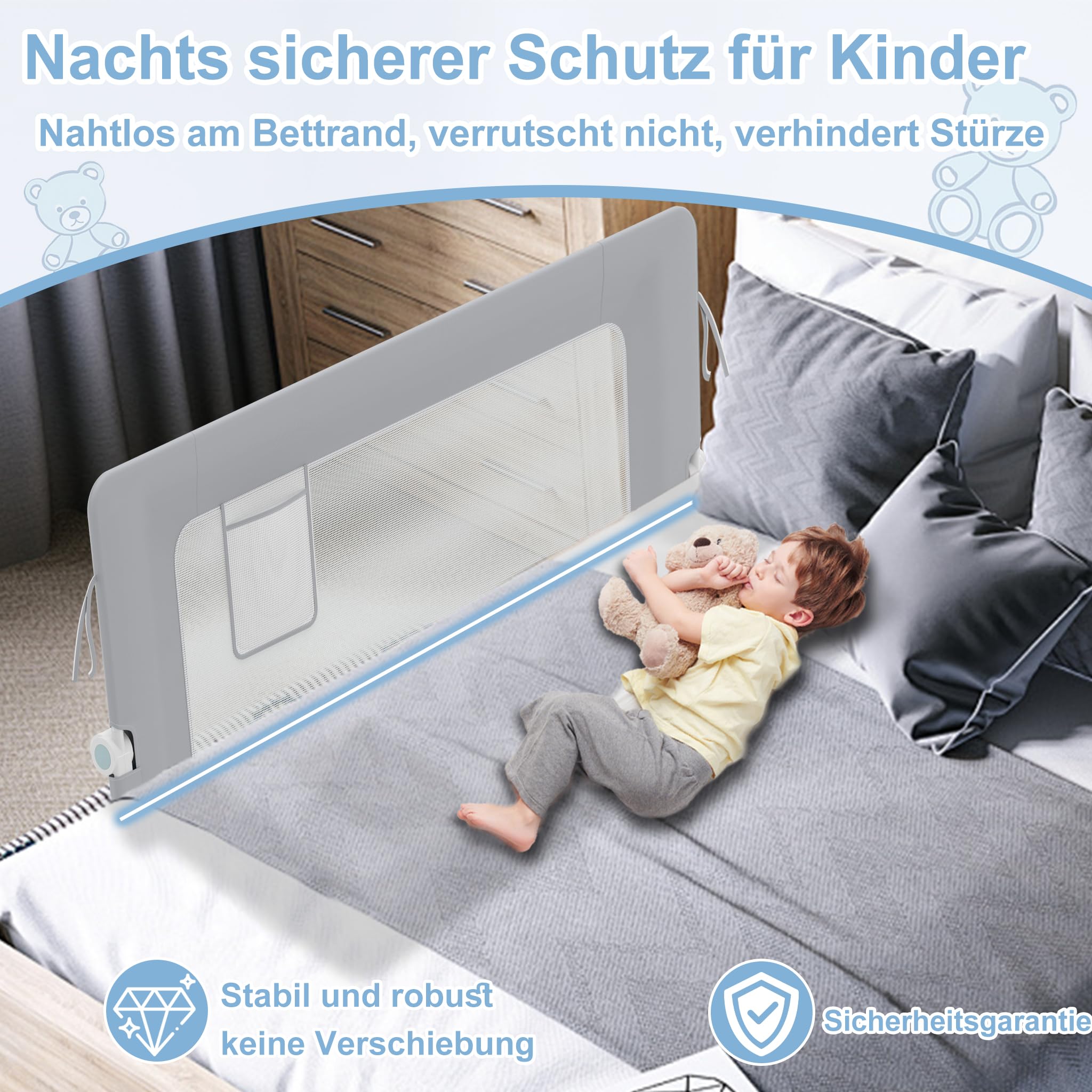YRHome Griglia di protezione per letto da 150 cm, pieghevole, girevole a 180 gradi, per bambini, rete ariosa, regolabile in altezza, per lettino, letto dei genitori (grigio)