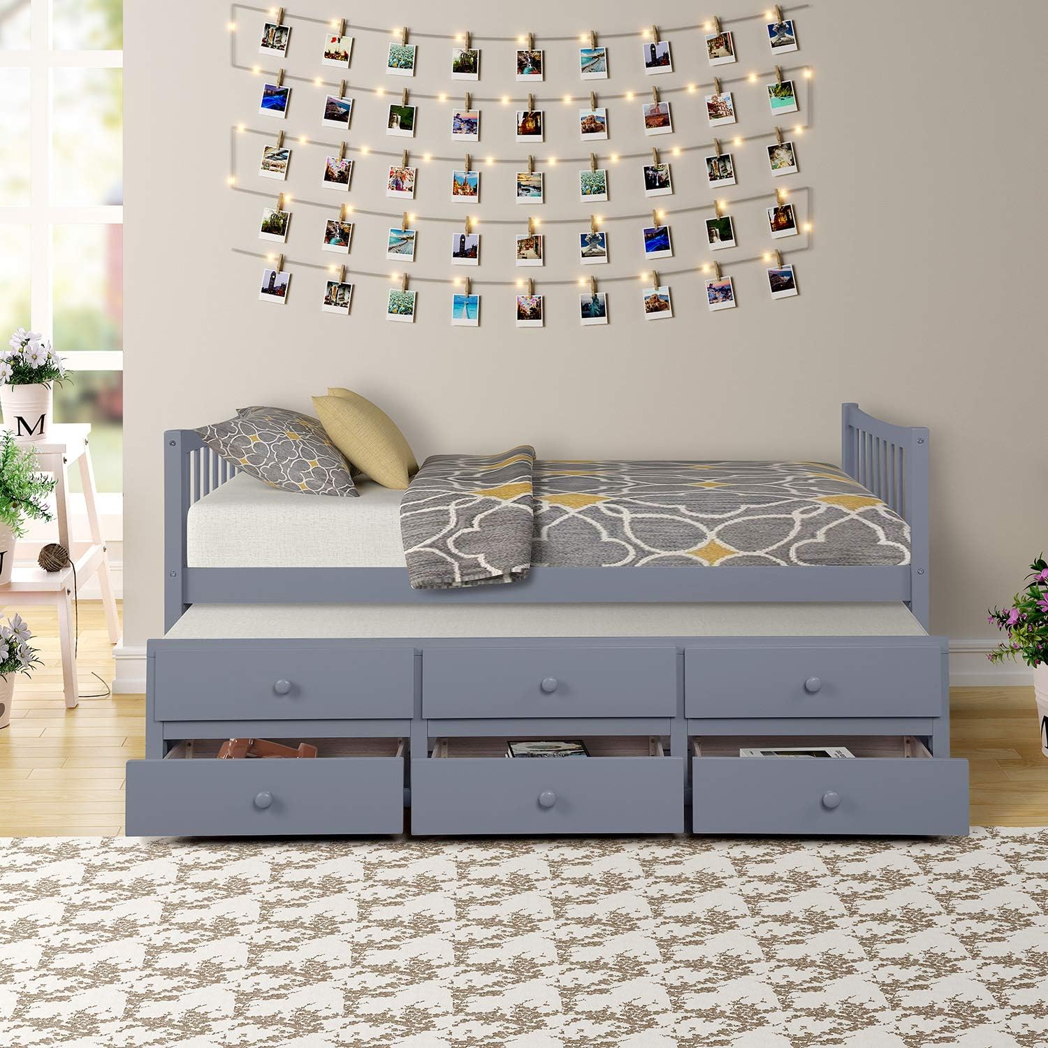 P PURLOVE Twin Size Daybed with Trundle,Wood Daybed Frame with Storage Drawer,Twin Trundle Daybed Frame with Slat for Living Room,Bedroom,Gray