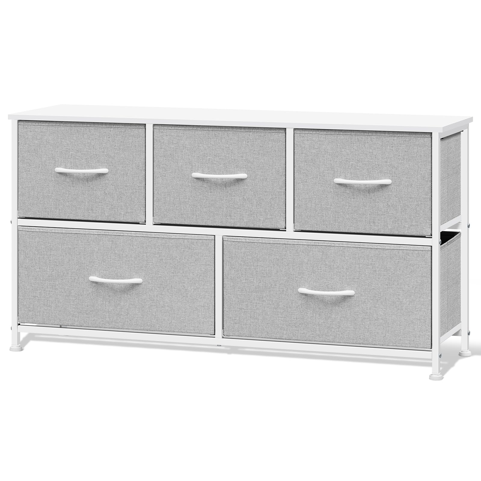 WOLTU Kommode mit 5 Schubladen aus Stoff, Kommodenschrank Sideboard TV-Schrank, für Wohnzimmer Schlafzimmer Flur, aus Metallrahmen Holzwerkstoff, Hellgrau+Weiß, SSK005hgws