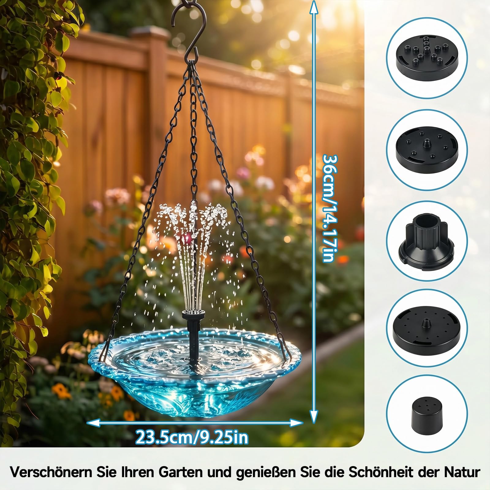 Vogeltränke Hängend, Vogeltränke Hängend mit Solarbrunnen, Vogeltränke mit Springbrunnen Solar, 3 Stufig Vogeltränke zum Aufhängen, Solarbetriebenes Vogelbad Garten für Garten Hof Terrasse Balkon