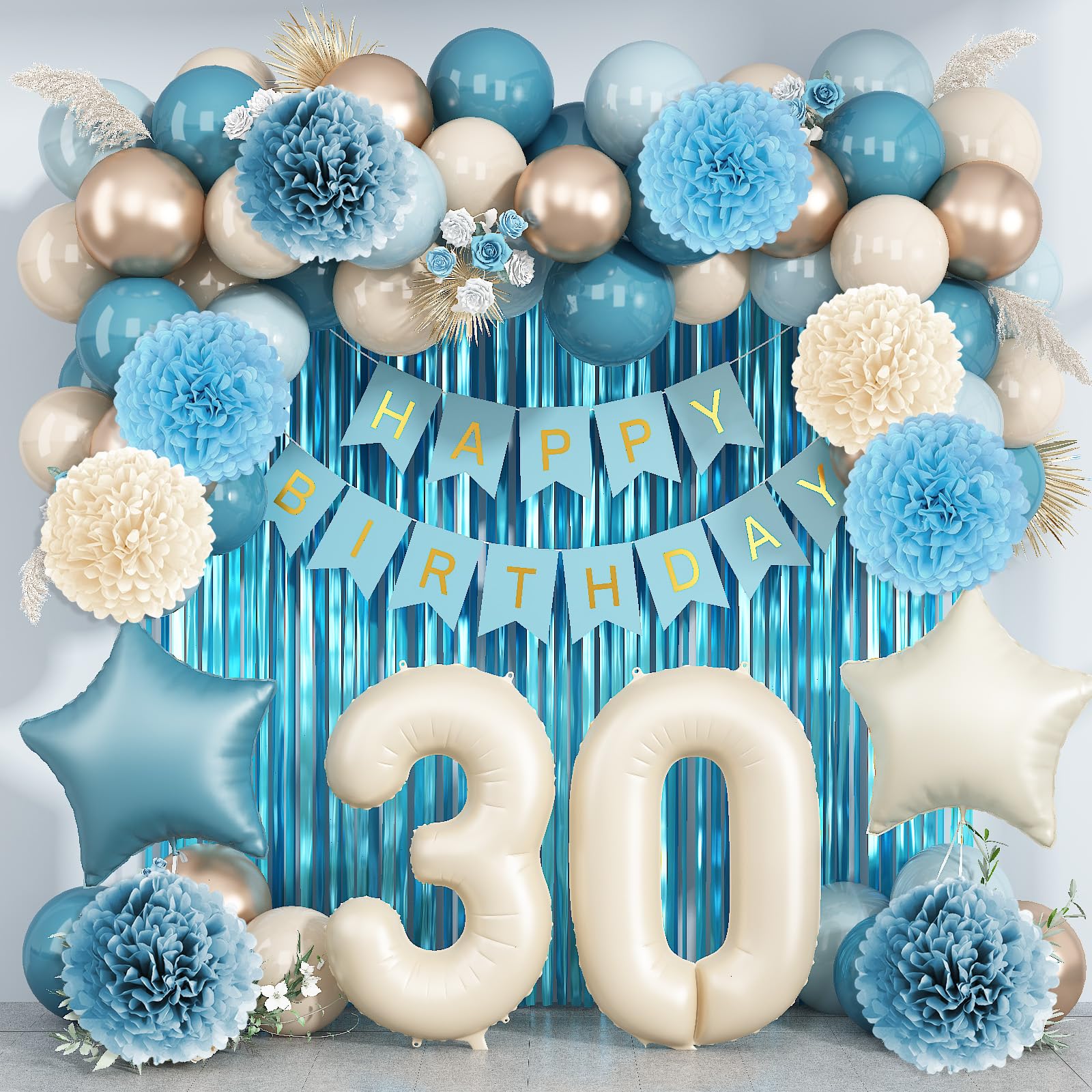 Dusty Blue 30th Birthday Party Decorations Men Beige Number 30 Balloon