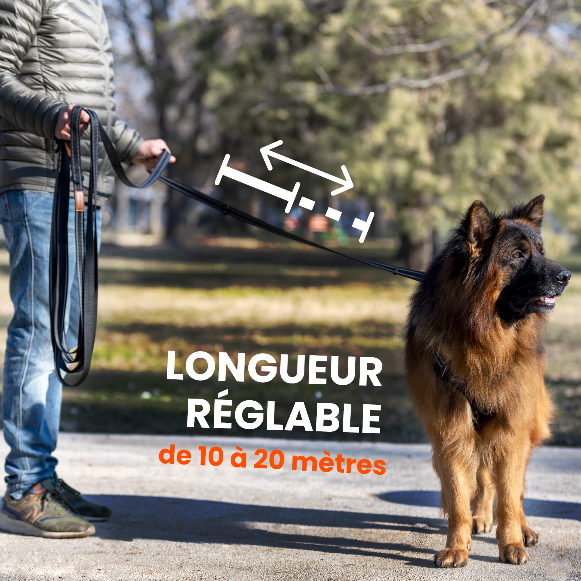 Longe pour Chien 5m / 7m / 10m / 15m / 20m - Laisse de Dressage pour Chiens avec Poignée Rembourrée et Sac de Rangement - Grande Laisse Chien pour Petits, Moyens et Grands Chiens - Noir