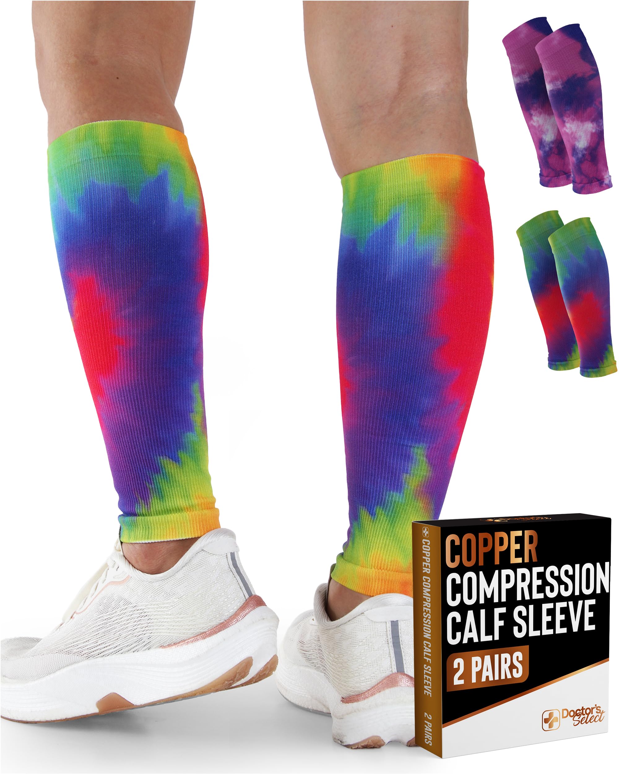 Doctor's Select 2 Pairs Copper Calf Compression Sleeve - Leg Compression Sleeves for Women &amp; Men, Shin Splint Relief
