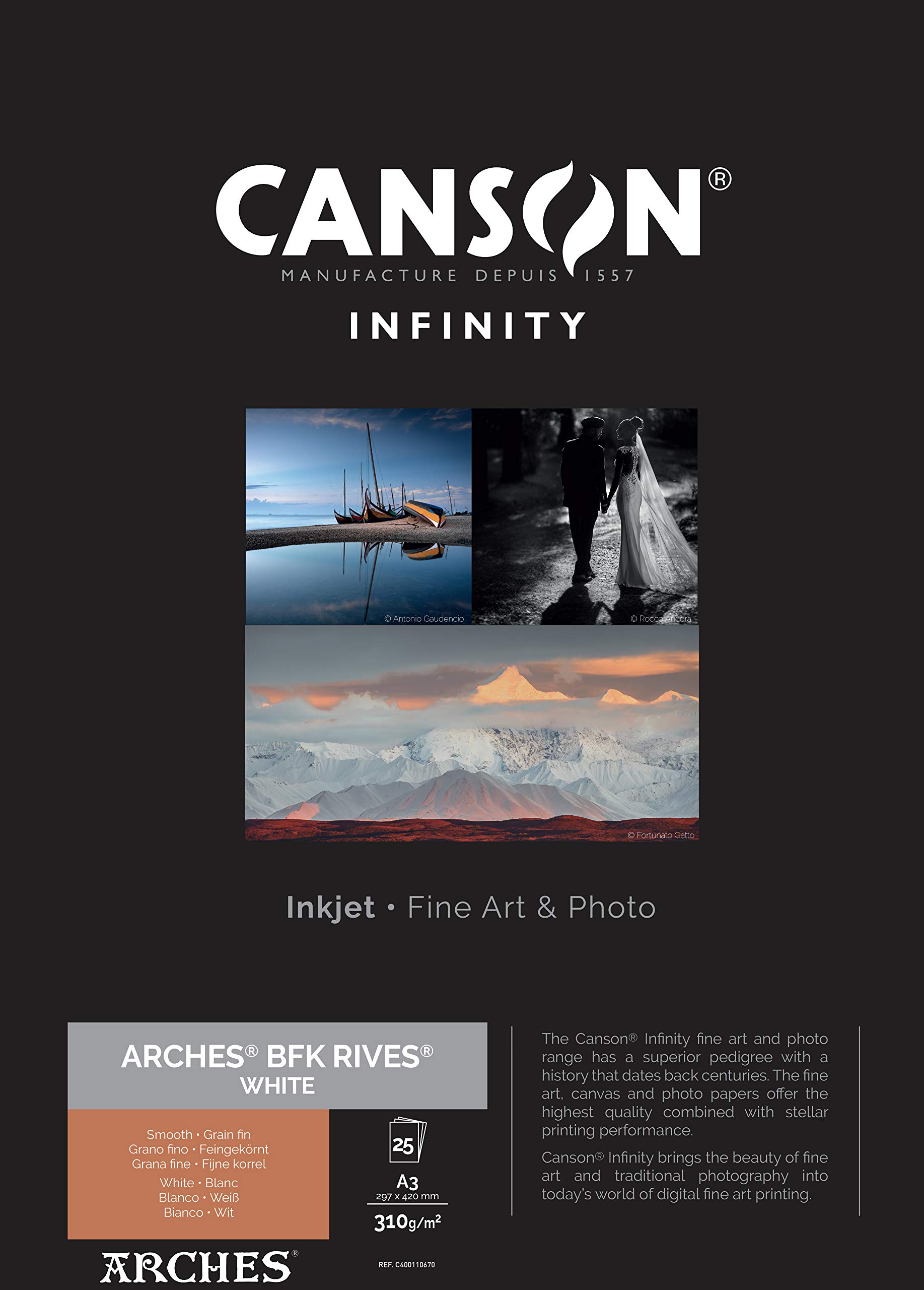 CANSON Infinity ARCHES BFK Rives White - Tirage papier Fine Art ARCHES - Boîte de 25 feuilles A3 - Grain Fin - Blanc - 310g/m131