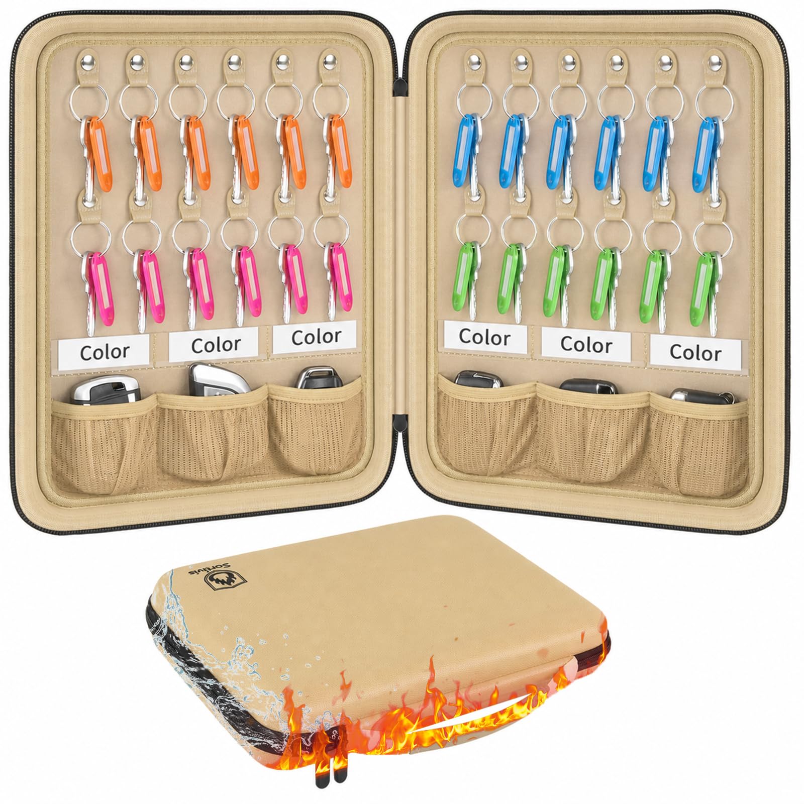 Fireproof Key Organizer Case with 24 Tags and 6 Key Fob Pockets, Khaki
