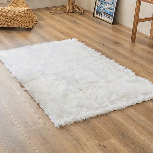 Miniatura 1 de Alfombra de piel sintética blanca súper suave, mullida y esponjosa, alfombra de piso para cuarto de bebé, sala de estar, dormitorio, mesita de