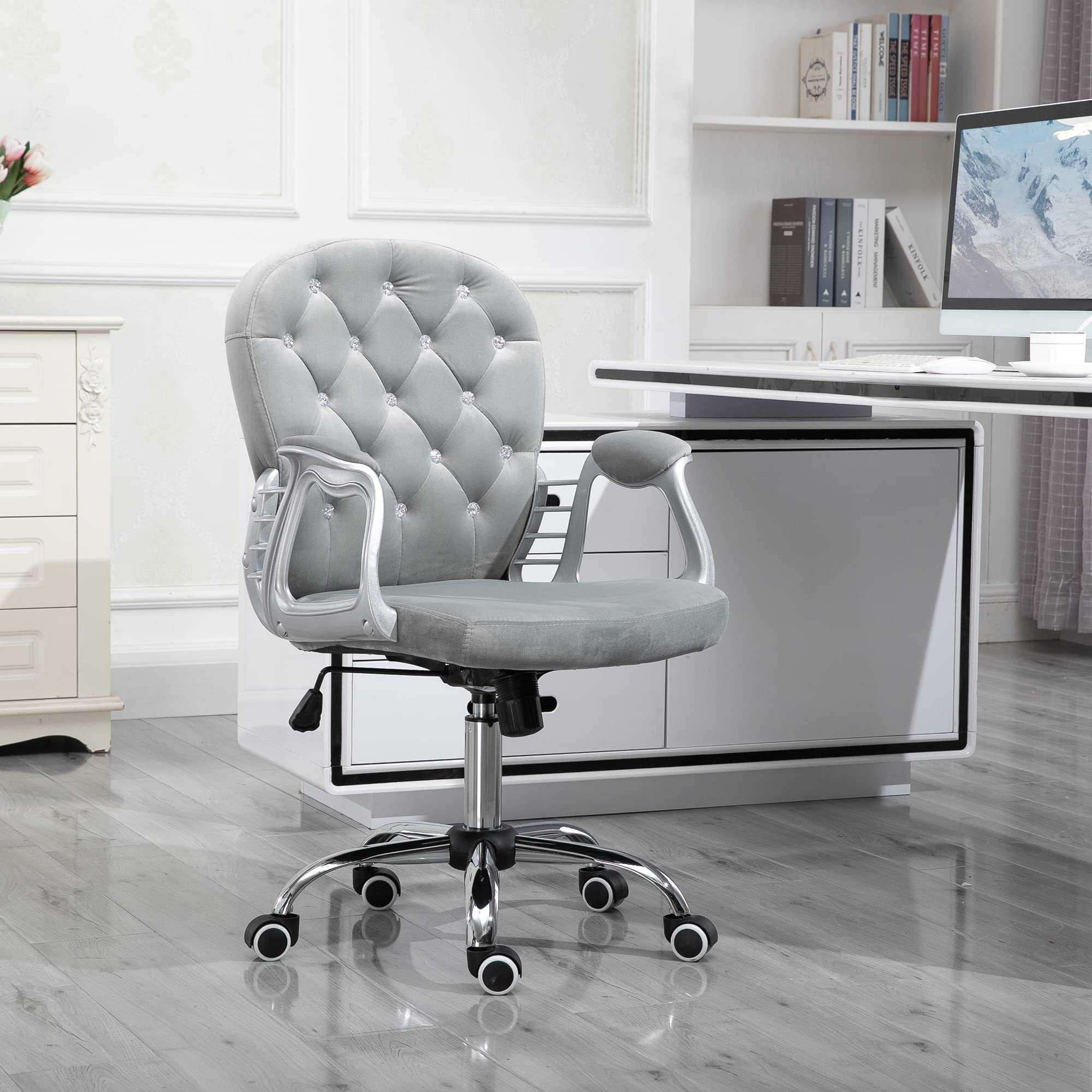Vinsetto Silla de Oficina Giratoria con Altura Ajustable 120 kg Gris | Silla de Escritorio, Tapizada en Terciopelo, Reposabrazos, Decoraciones de Diamantes, para Estudio Dormitorio