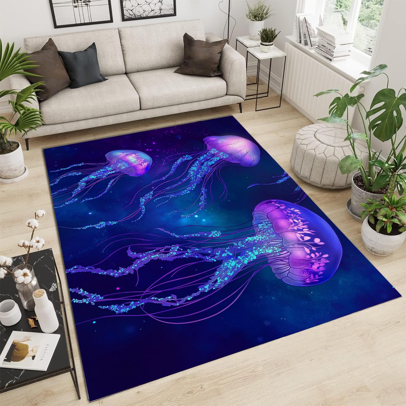 Tapis de salon lavable ambiance vie marine pour un intérieur moderne