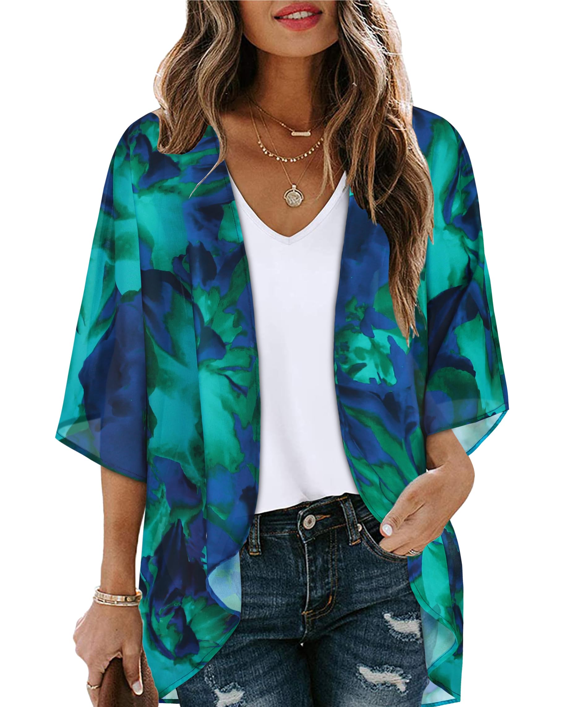CHICGAL Womens Floral Kimono Cardigan Beach Cover Up Casual Summer Tops | 2026 Puff Sleeve Open Front Chiffon Outfit,Hawaiian Shirt,Beach Vacation Swimwear, Plus Top,Boho ladies Blouse,Cruise Resort