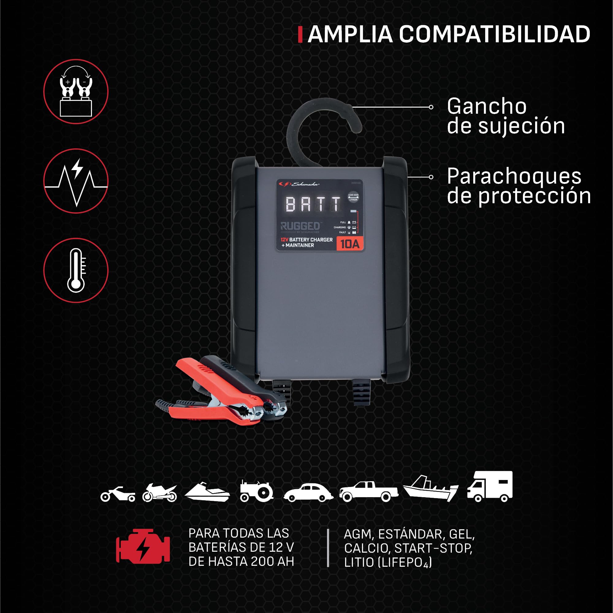 Schumacher Electric SPX460-10A Cargador Batería Coche 12V - Carga Inteligente - AGM, Estándar, Gel, Calcio, Start&Stop, Litio (LiFePo4)