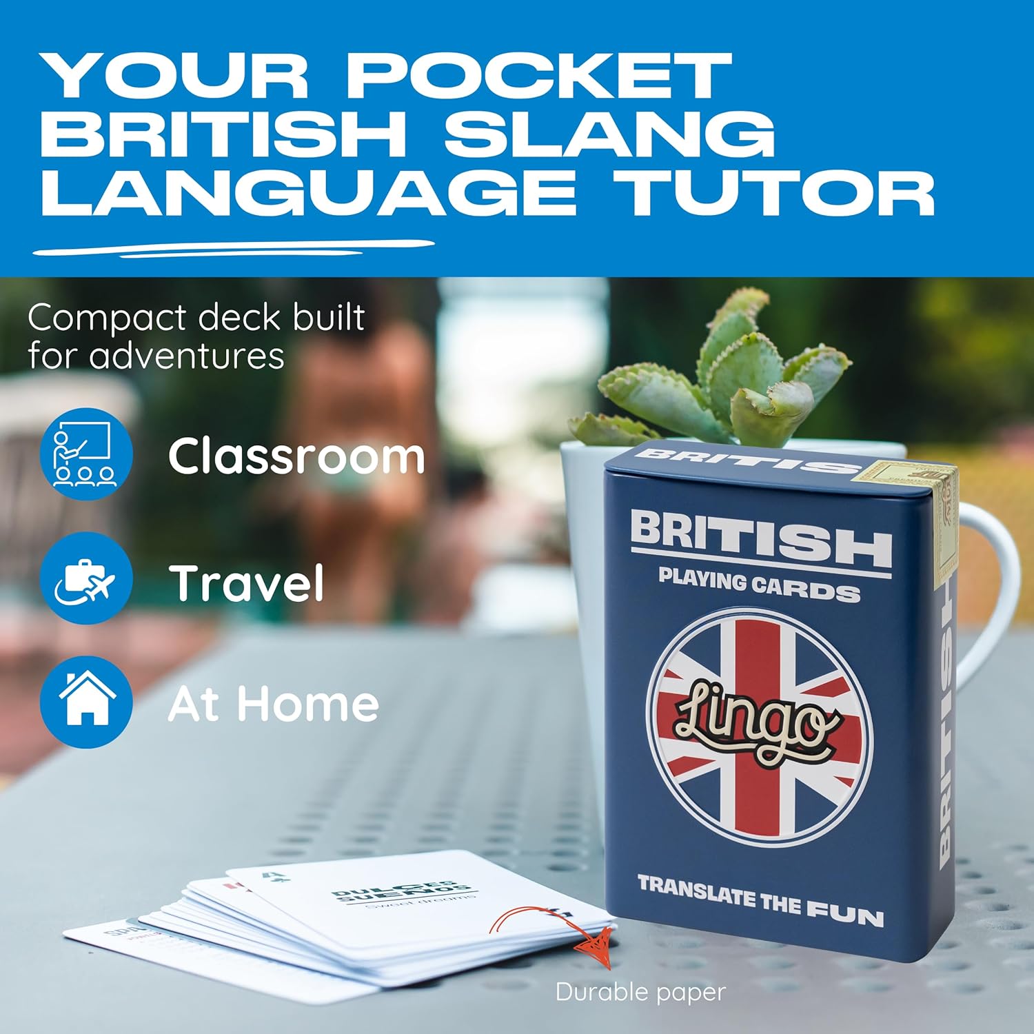 Lingo British Slang Playing Cards in Wayfarer Tin Box | Travel Flashcards | Learn British Vocabulary in A Fun & Easy Way | 52 Essential Translations - Image 3