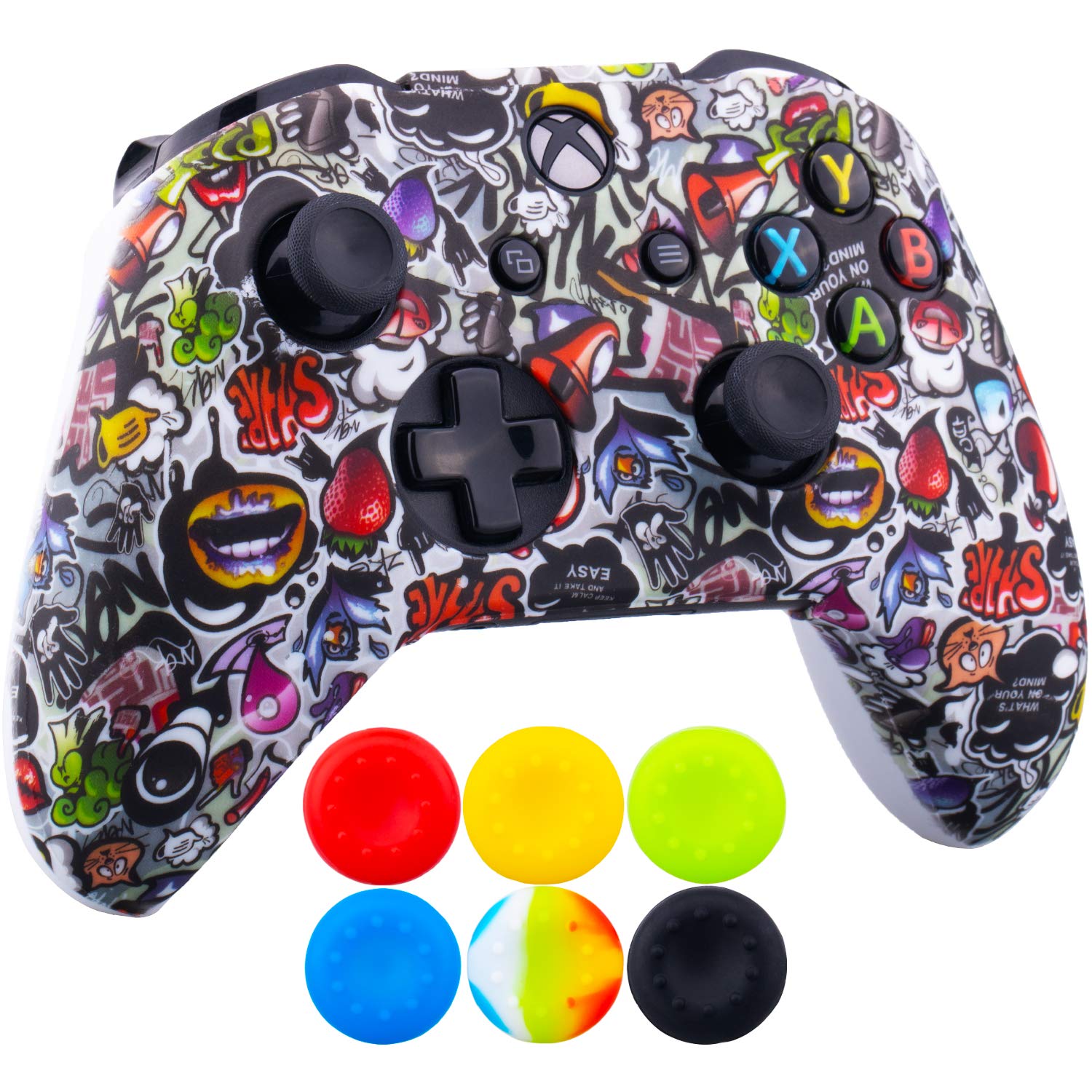 1 x Silicone Transfert Impression Protecteur Couverture Peau + 6 Thumb Grips et Bouchons Anti-Poussière pour Manette Xbox One/S/X des Fraises