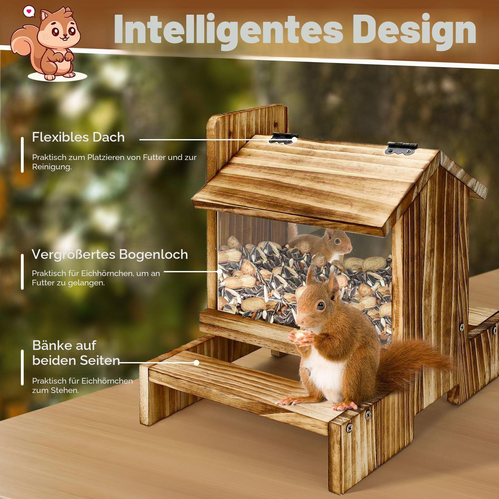 Holz Eichhörnchen Picknick Tisch Futterspender Eichhörnchen Futterspender für Draußen, Eichhörnchenhäuser für draußen Nisten, Eichhörnchen Box Streifenhörnchen Haus (1)