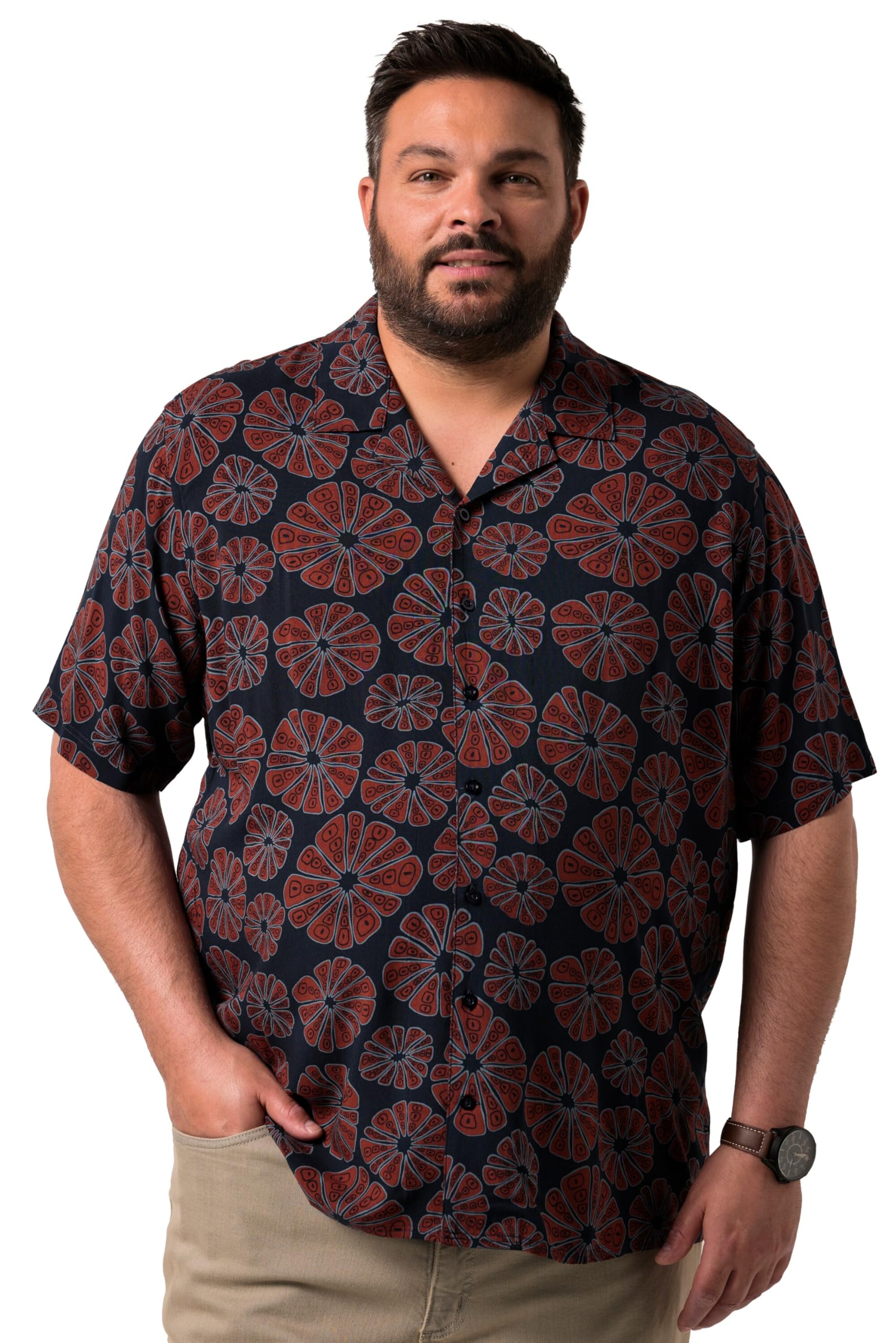 Men Plus Herren große Größen Übergrößen Menswear L-8XL Viskose-Hemd, Halbarm, Alloverprint, Cubakragen, Cuba Fit 839792