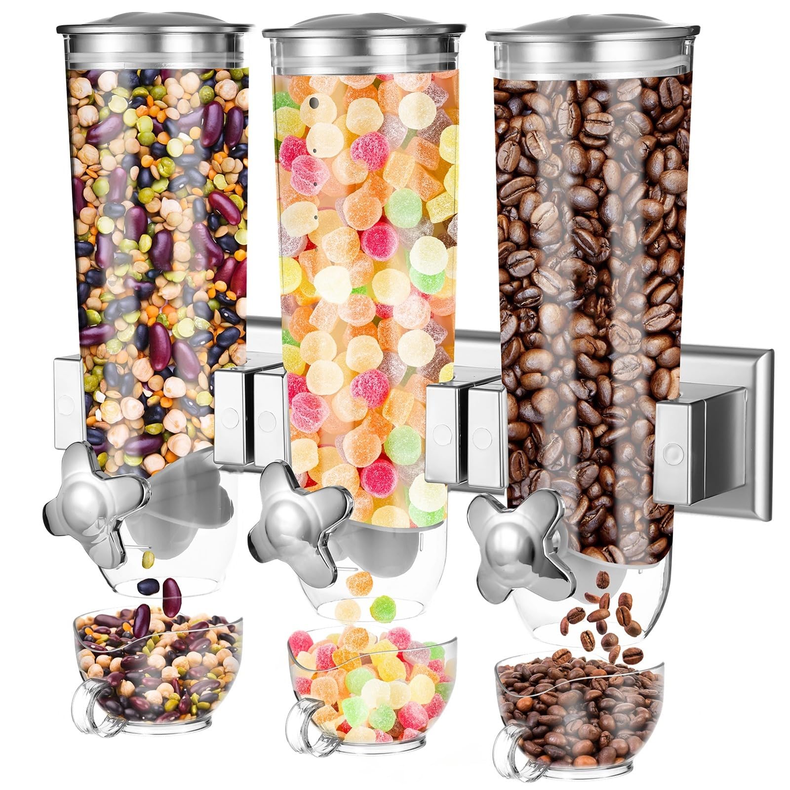 Dispenser da parete per cereali e snack con manopole, 3 scomparti rimovibili, grande capacità per conservare alimenti, chicchi di caffè e noci