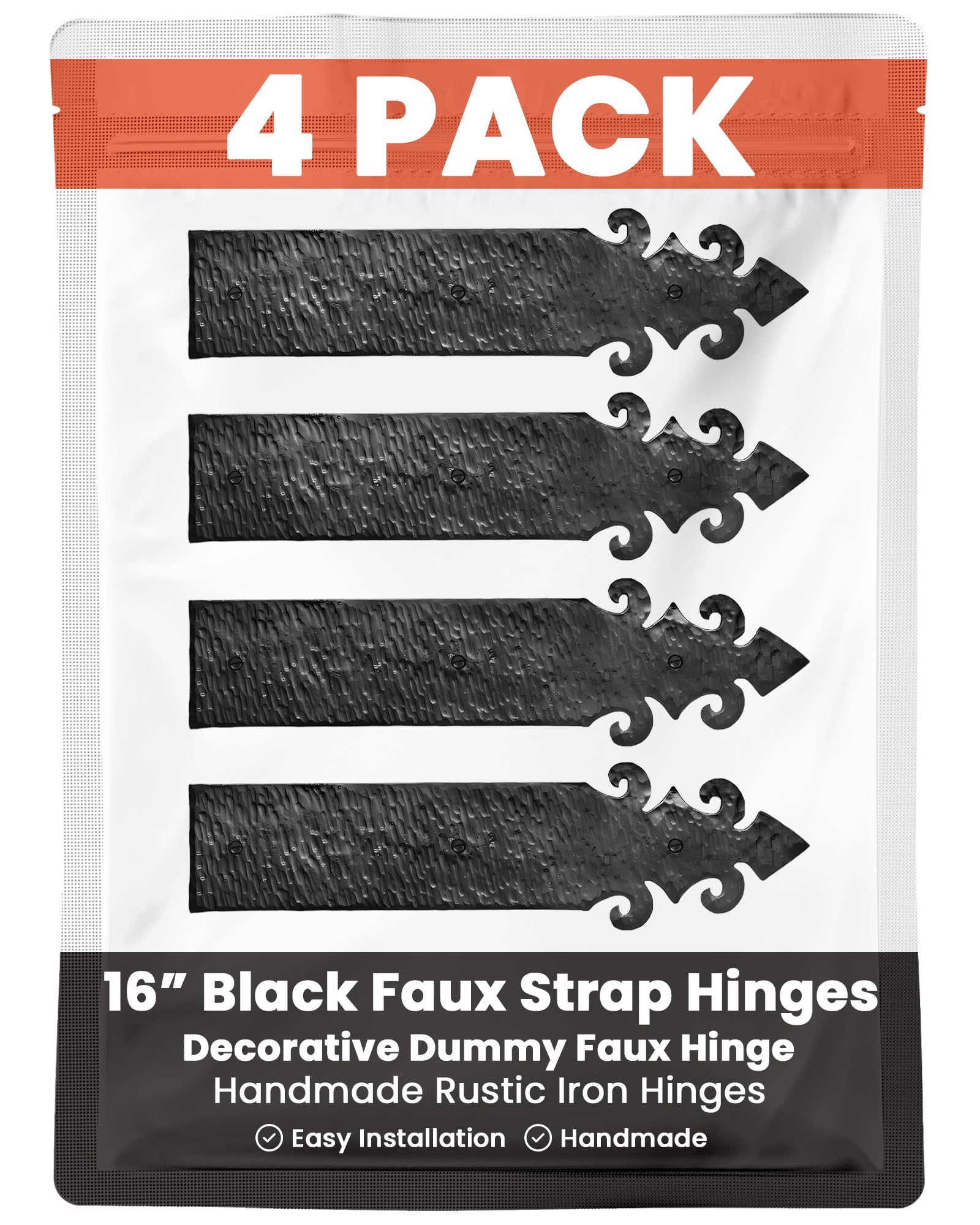 4 Pack 16" Black Faux Strap Hinges - Decorative Dummy Faux Hinge – Handmade Rustic Iron Hinges for Farmhouse Shutter, Carriage Doors, Barn Door,