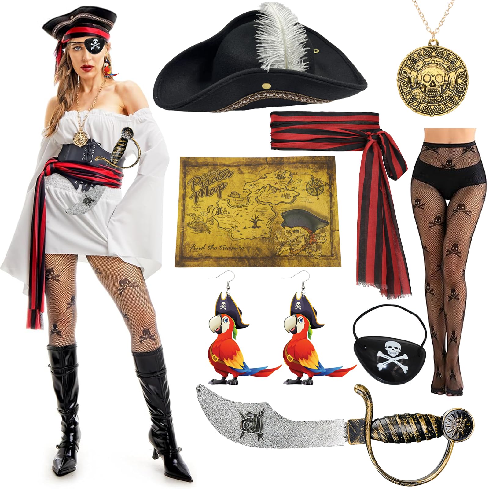 Qylazune Pirate Costume Accessories Set for Adults Women 8 in 1 Premium Halloween Pirate Kit Includes White Feathered Tricorn Hat, Parrot Earrings ect. Perfect for Theme Party, Halloween and Cosplay