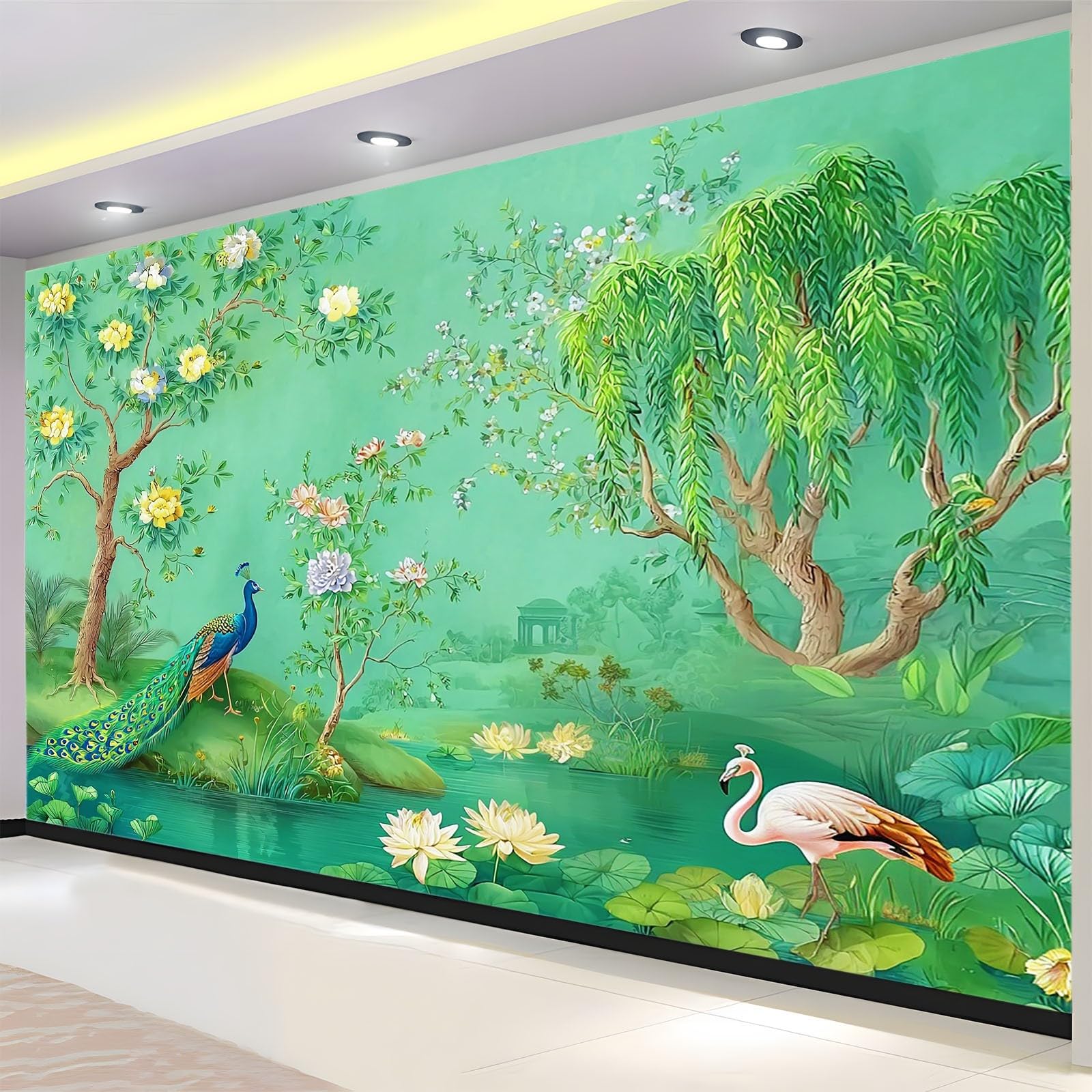 Tapeta z włókniny zielona 350 x 256 cm, tradycyjne zwierzęta paw różowy flaming tapeta 3D, fototapeta do salonu, pokoju dziecięcego, biura, przedpokój, dekoracje ścienne, obrazy ścienne