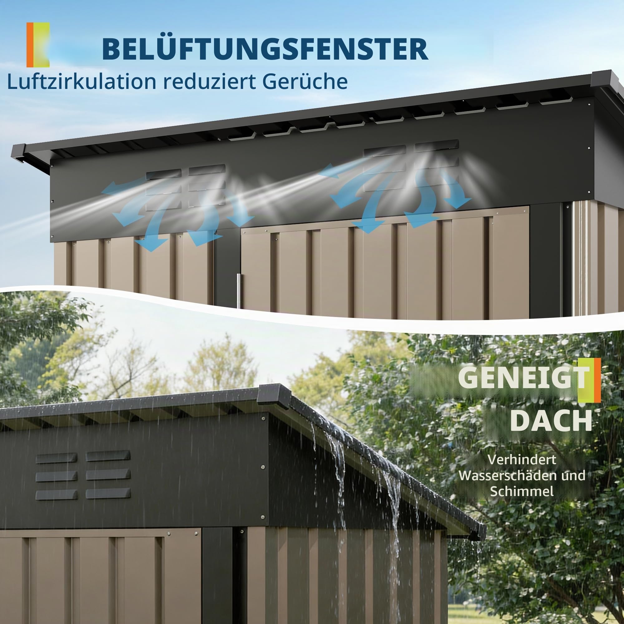 Kompaktes Metall Gerätehaus mit Abschließbarer Einzeltür & Schrägem Dach – Wetterfester Outdoor Stauraum, Platzsparend für Werkzeuge & Geräte – 152 x 91 x 183 cm, Braun