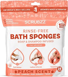 Scrubzz Disposable No Rinse Bathing Wipes - 25 Pack - All-in-1 Single Use Shower Wipes, Simply Dampen, Lather, and Dry Without Shampoo or Rinsing (Peach, 1-Pack)