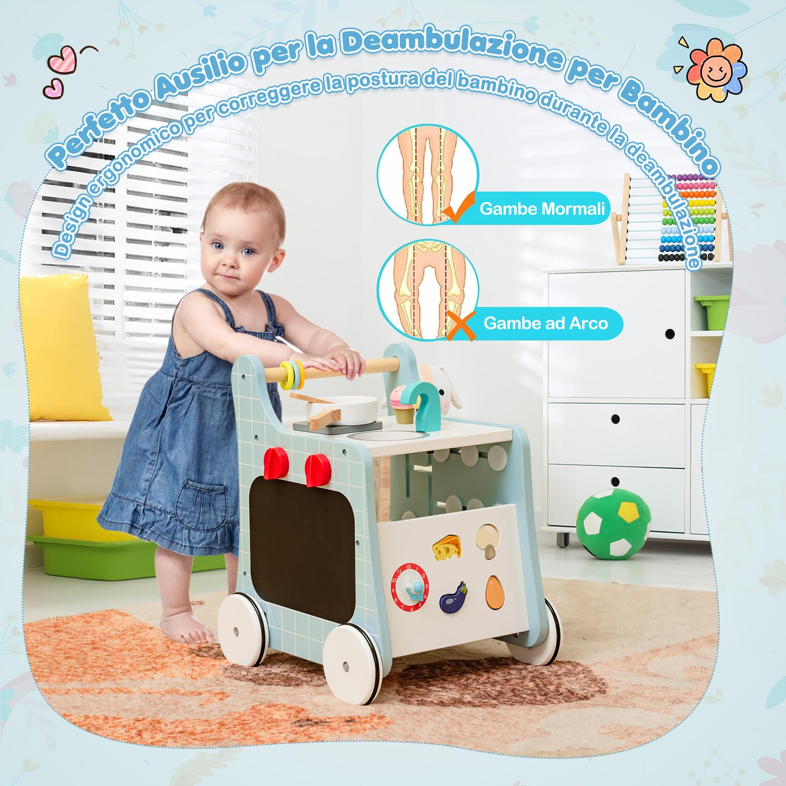 RELAX4LIFE Andador de Madera para Bebés con Accesorios y Ruedas, Carrito de Helados de Juguete Multifuncional, Juguete Montessori, Centro de Actividades para Niños 1+ Año (Azul)