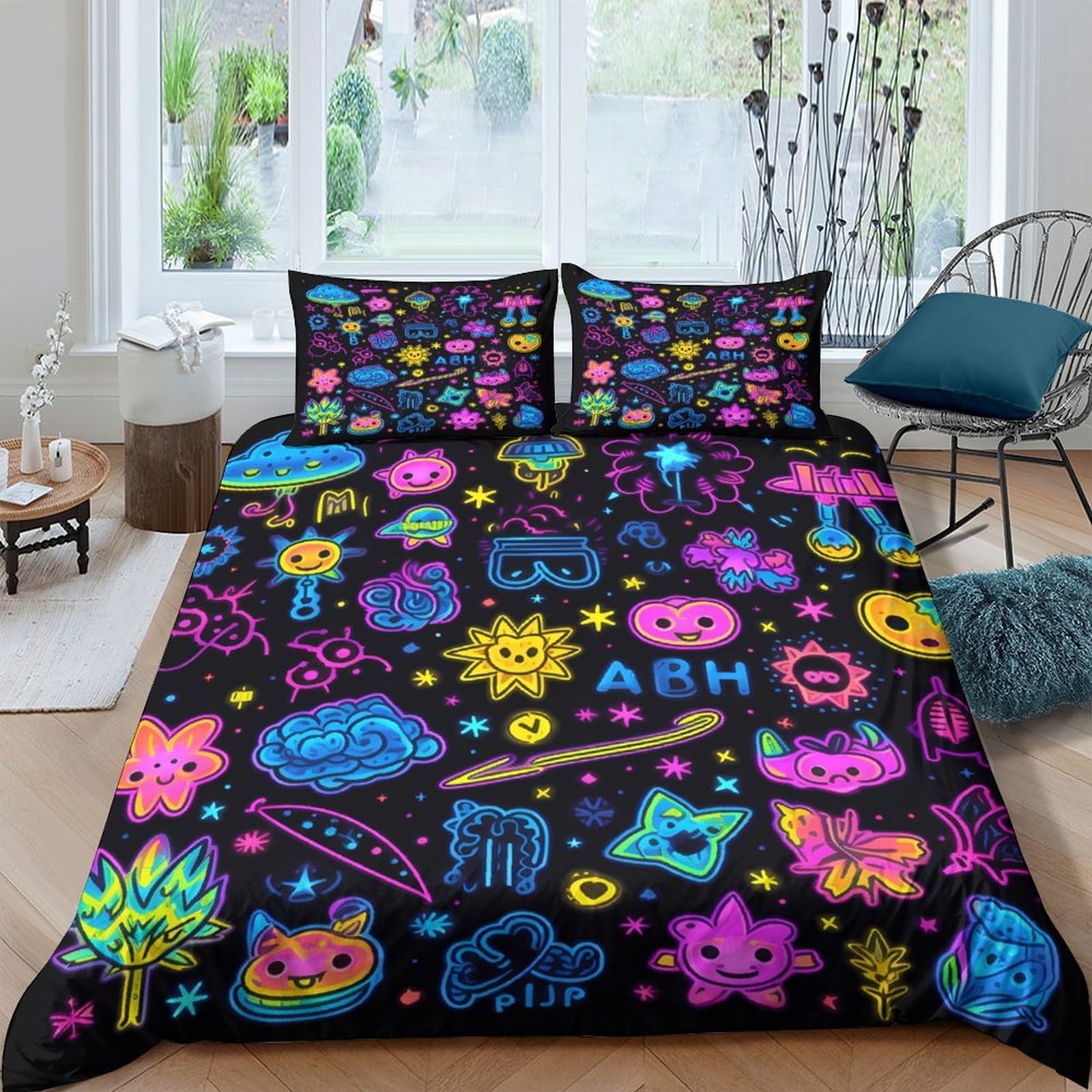 Ctjqhvkz Style-5 3D Printed Neon Graffiti Fitted Sheet Microfiber Colorful Abstract Bed Cover For Bedroom Dorm Mattress Decor Single（135X200cm）