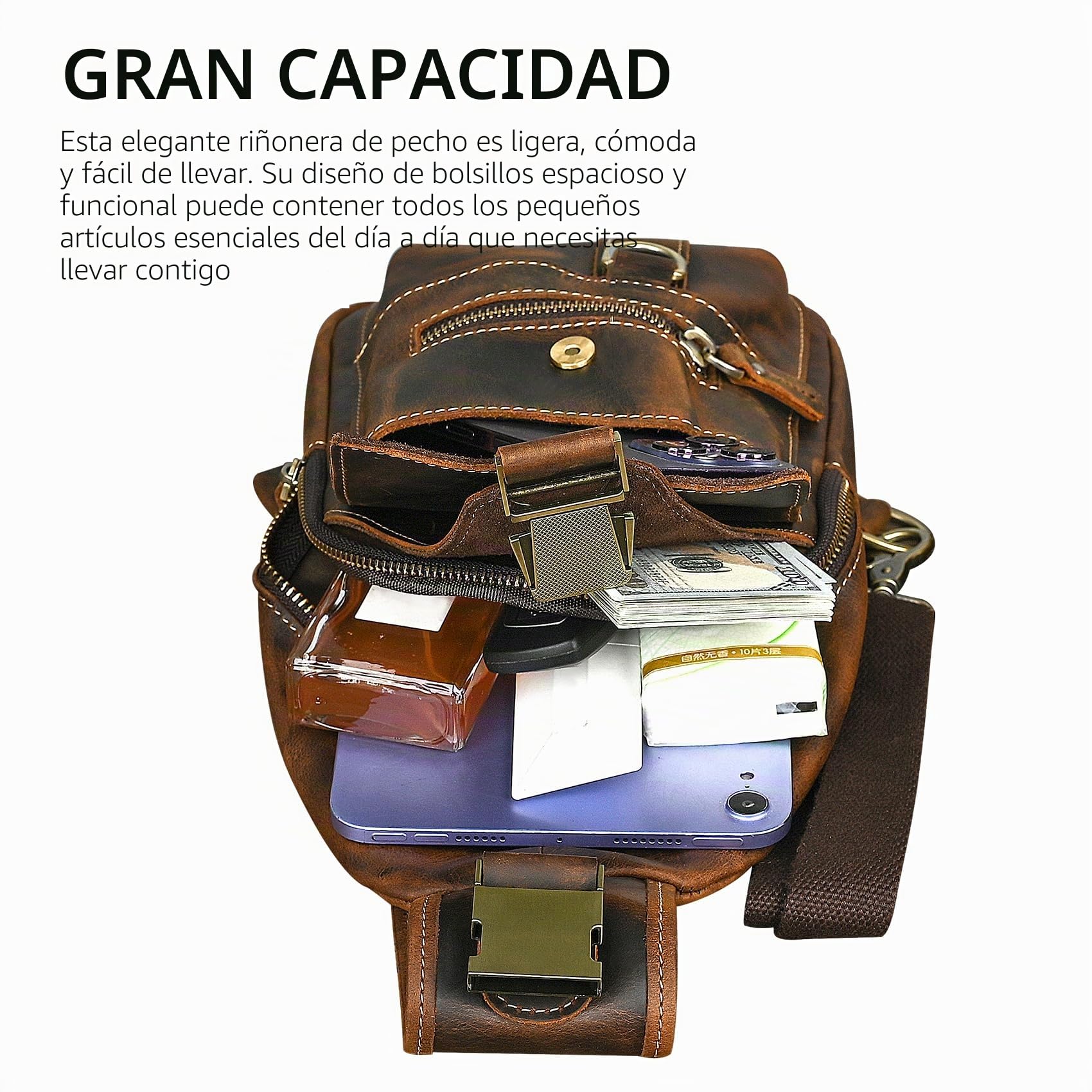 lona + bolso diario de senderismo de cuero genuino, bolso de tirantes, bolso de hombro triangular, bolso de pecho masculino y femenino FB8013 (100% dermis - 8015 marrón)