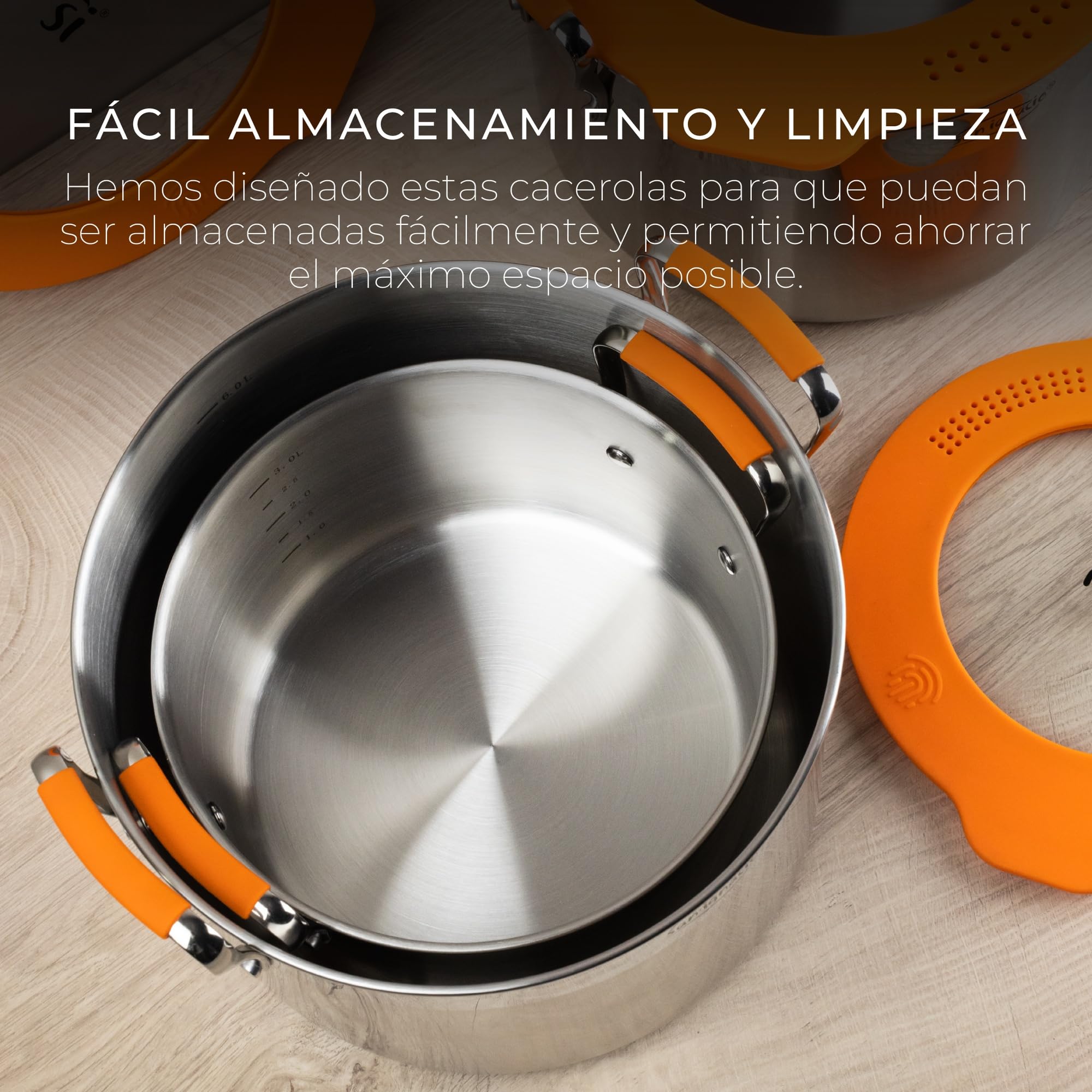 SAN IGNACIO Juego compacto de ollas de acero inoxidable, 5 piezas, incluye 2 ollas de 20 y 24 cm y 1 cacerola