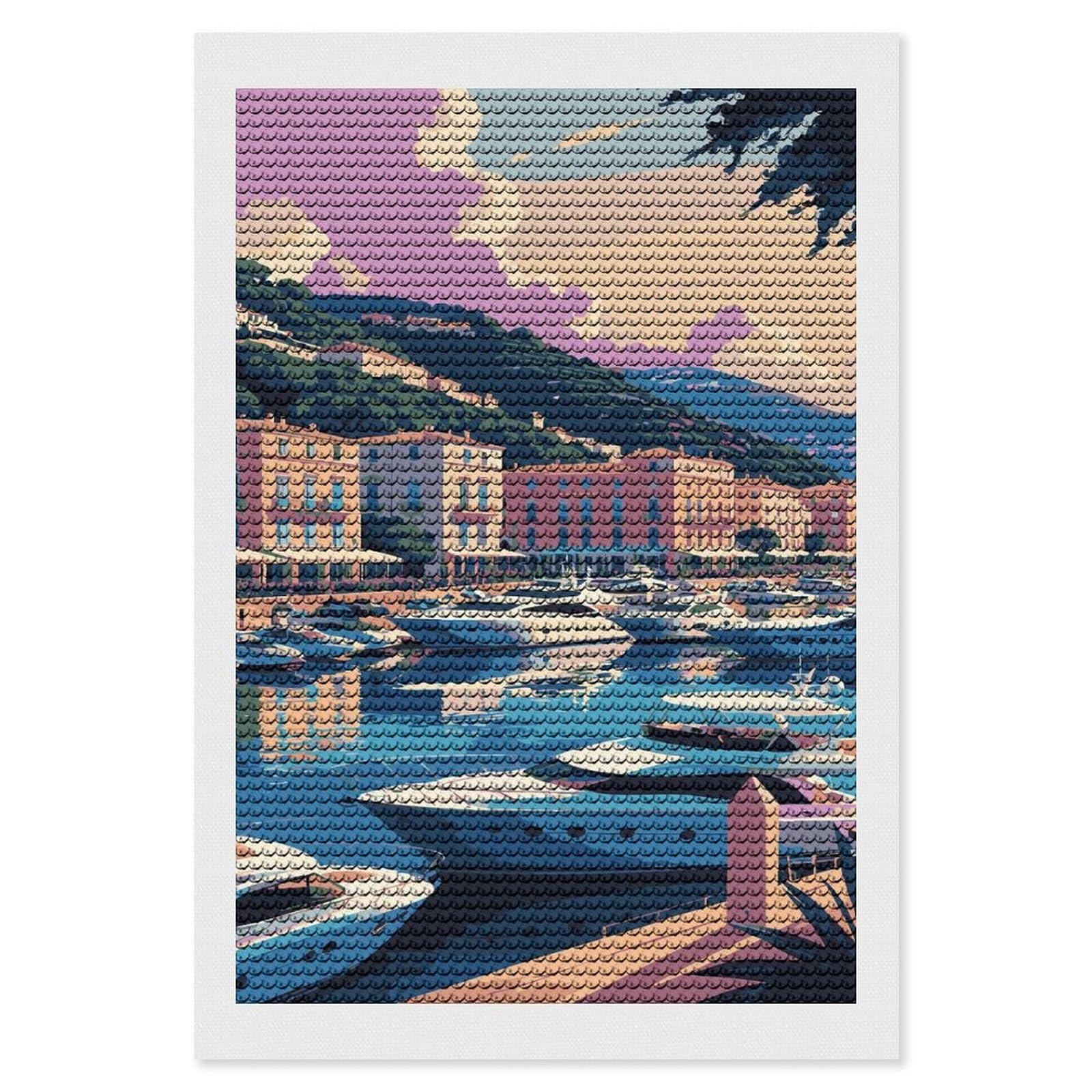 Junmoney Coastal Cityscape with Yachts and Buildings DIY Diamond Art Canvas Kit 8"x12", Winter Craft, Mindful Craft Project, Aesthetic Room Decor, Decor Project