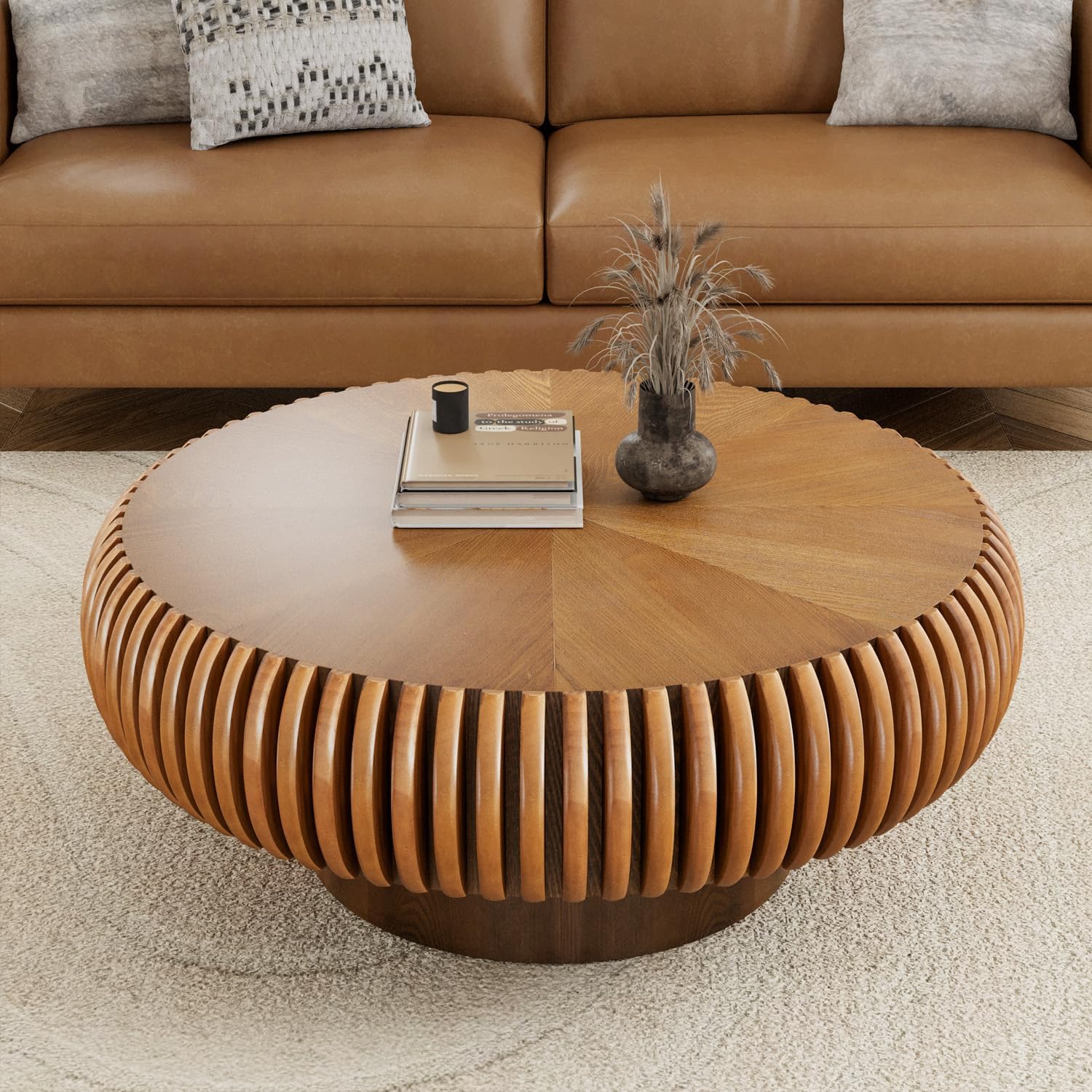WXFKLDJ Mesa De Centro De Tambor De 80Cm, 31.5" Round Brown | Moderna Y Única, Con Diseño Acanalado, Redonda Y Contemporánea De Madera, Ideal Para Sala De Estar, En Nogal