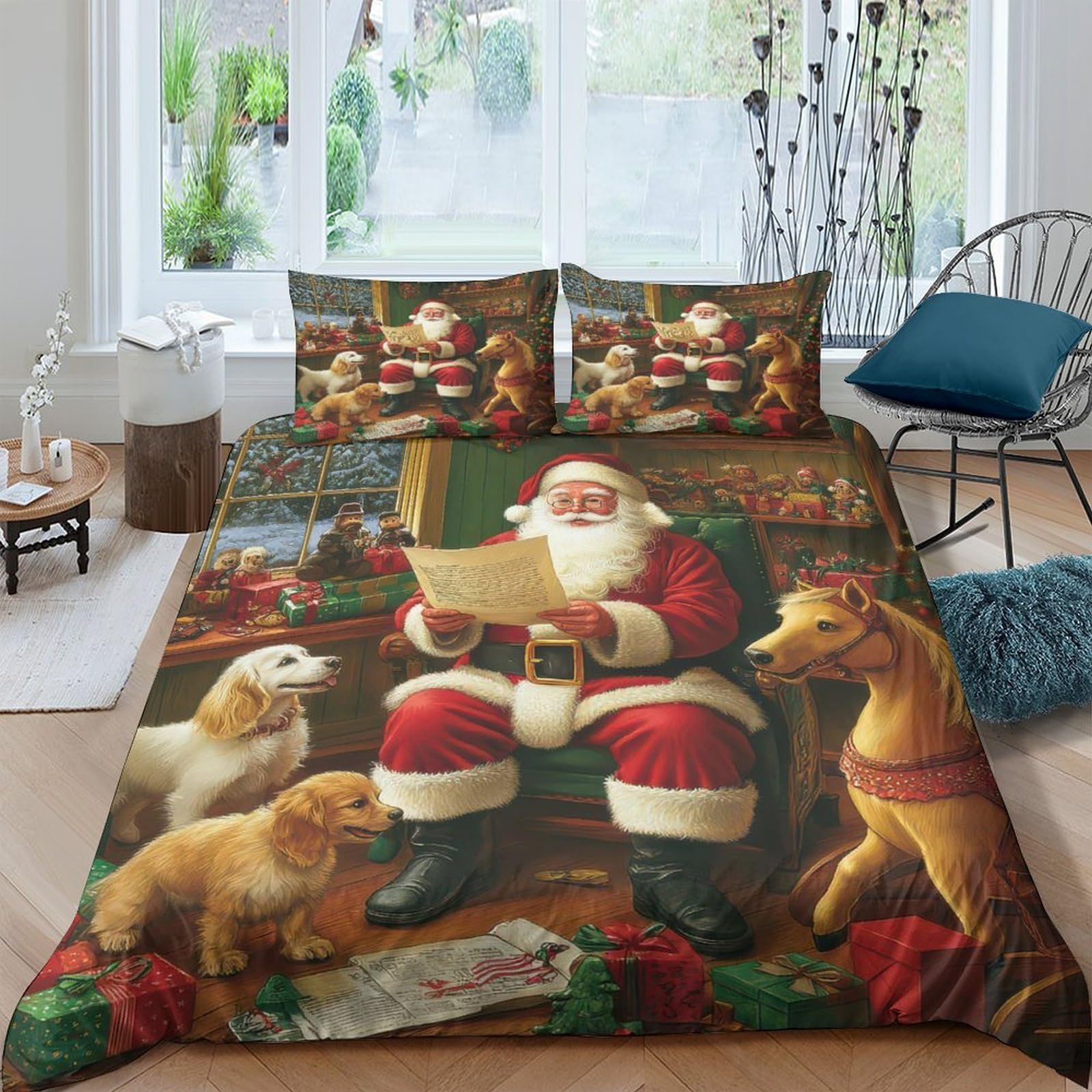 P5V6M1Q9 3D Printed Santa Claus Christmas Dogs Duvet Cover Microfiber Soft Breathable Quilt Cover Set with 2 Pillowcases for Bedroom Decor Single（135x200cm）