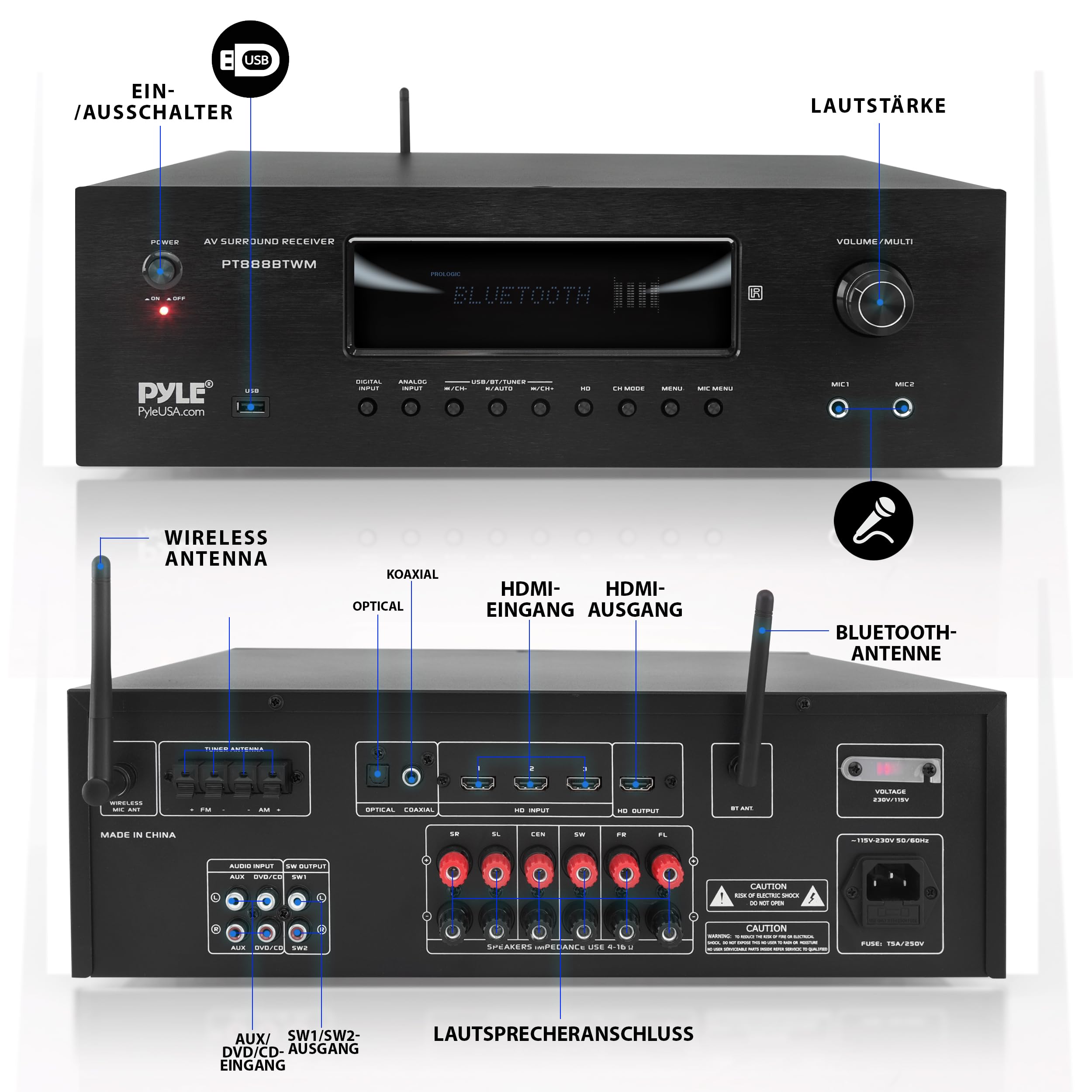 Pyle AV-Receiver 5.2 Kanal HiFi Verstärker mit Bluetooth HDMI ARC 4K Pass-Through 1000W 2 UHF-Funkmikrofone Heimkino