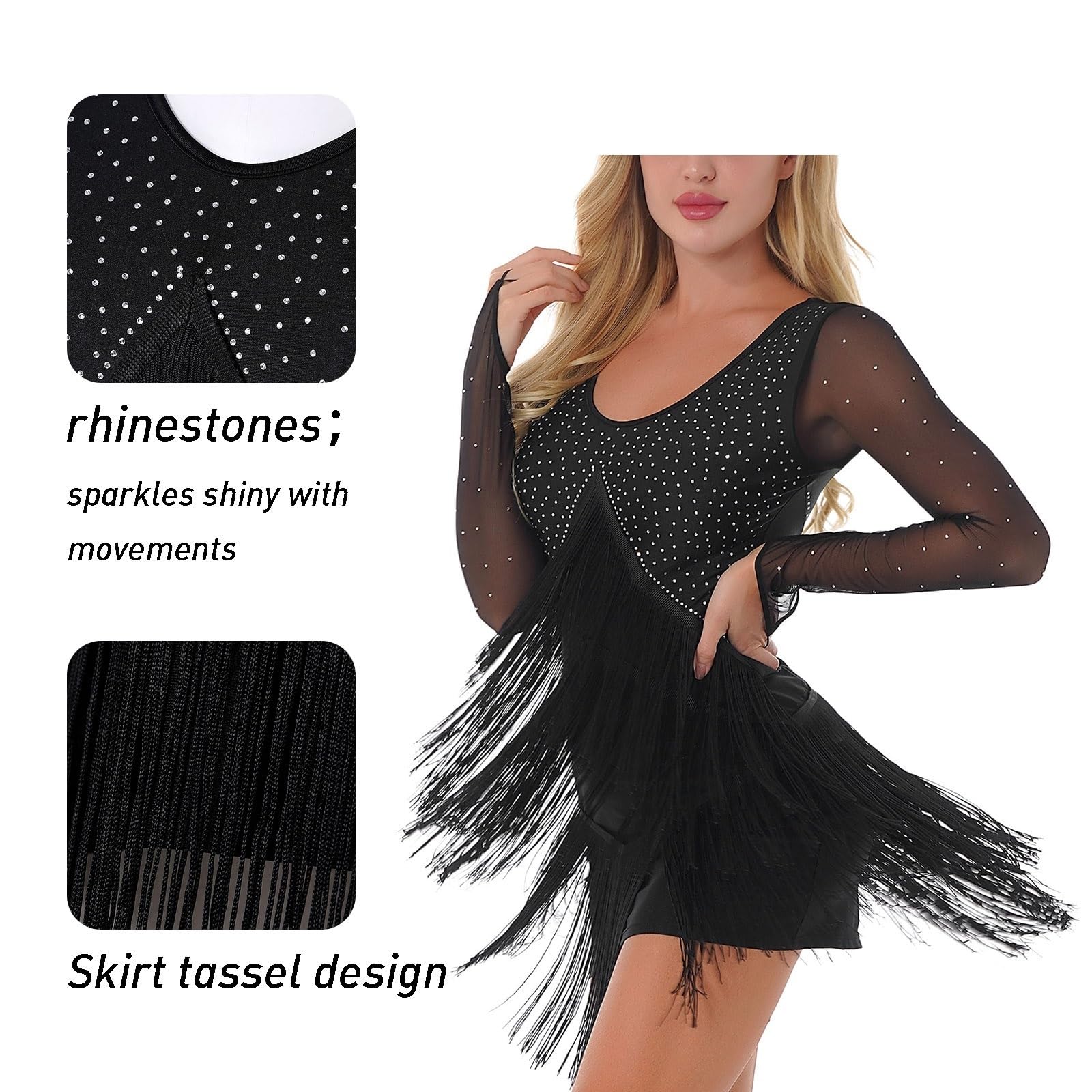 Kostiumy do tańca Damska siateczkowa sukienka z frędzlami w stylu latynoskim Kostium do tańca towarzyskiego Panie świecące sukienki do tańca Rhinestone z długim rękawem i frędzlami (Color : Schwarz,