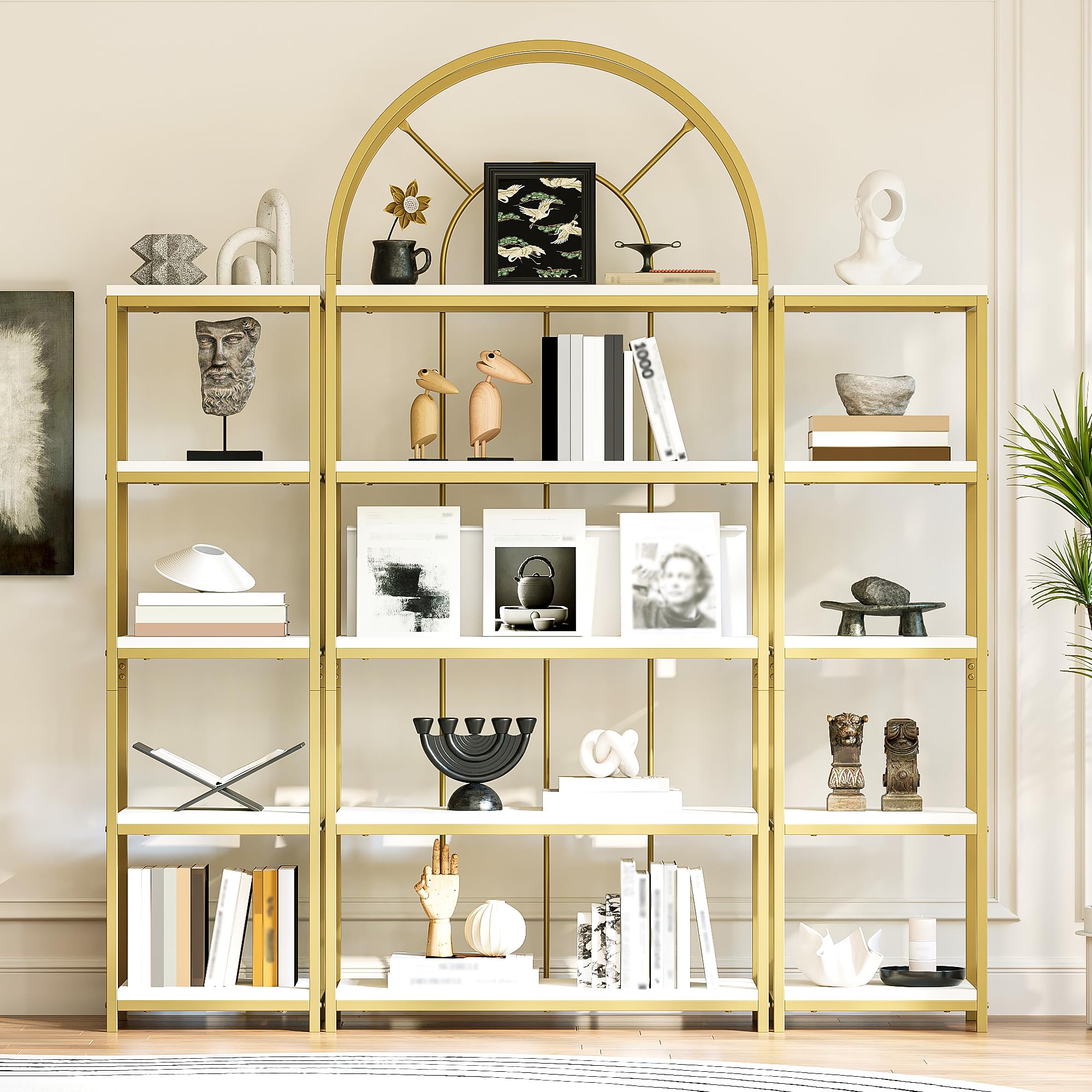 SUKY Juego de estanterías modulares con marco de metal dorado, suelos de MDF blanco, estantería de 3 piezas con diseño de arco, estantería para salón, cocina, oficina, vitrina, estantería, estantería