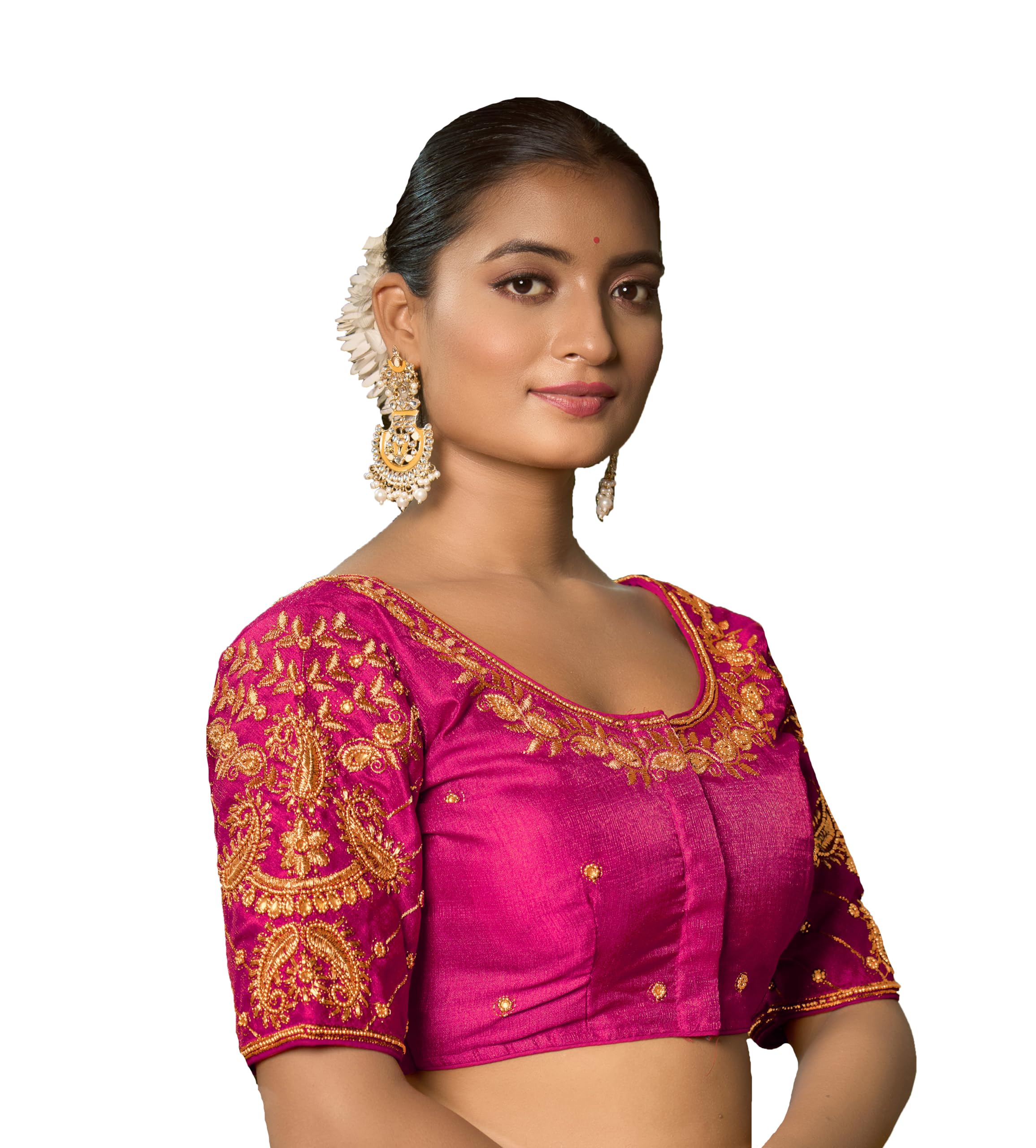 Pujia Mills Women's Readymade Blouse Embroidery Multi Coding Maggam Work Sequence Work Indian Ethnic Designer Stitched Readymade Saree Half Sleeve Pink Blouse For Women For Saree Lehenga Choli