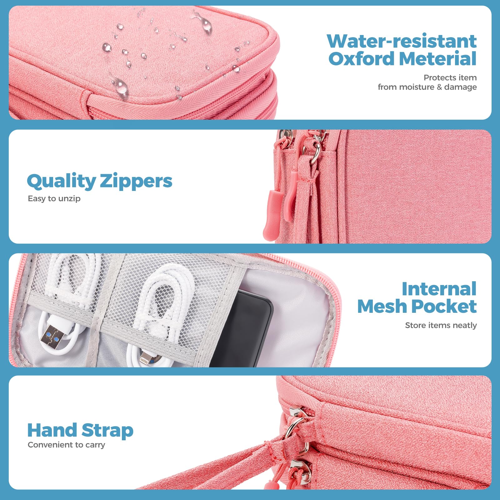 ProCase Porta Cavi da Viaggio a 3 Strati Viaggio Accessori Utili, Borse Organizer per Cavi Tech Pouch Custodia Portatile per Cavi, Caricabatterie, Power Bank, Adattatori - Rosa/S