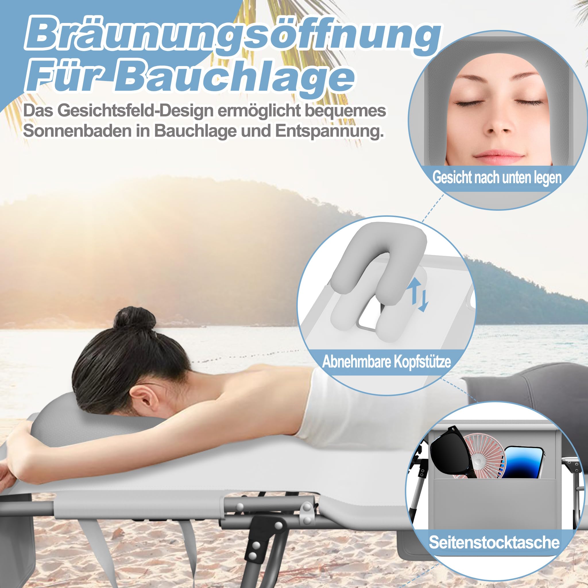 UISEBRT Faltbarer Sonnenliege 190cm – 4-Fach verstellbar Gartenliege mit Gesichtsausschnitt & abnehmbarem Kopfkissen,Liegestuhl belastbar bis 160kg mit Seitentasche für Pool Camping Terrasse,Hellgrau