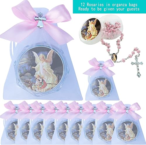 Miniatura 2 de WE First Communon Baptism - Rosario perfumado rosa – 12 rosarios de ángel de la guarda con caja de regalo individual y bolsas decoradas