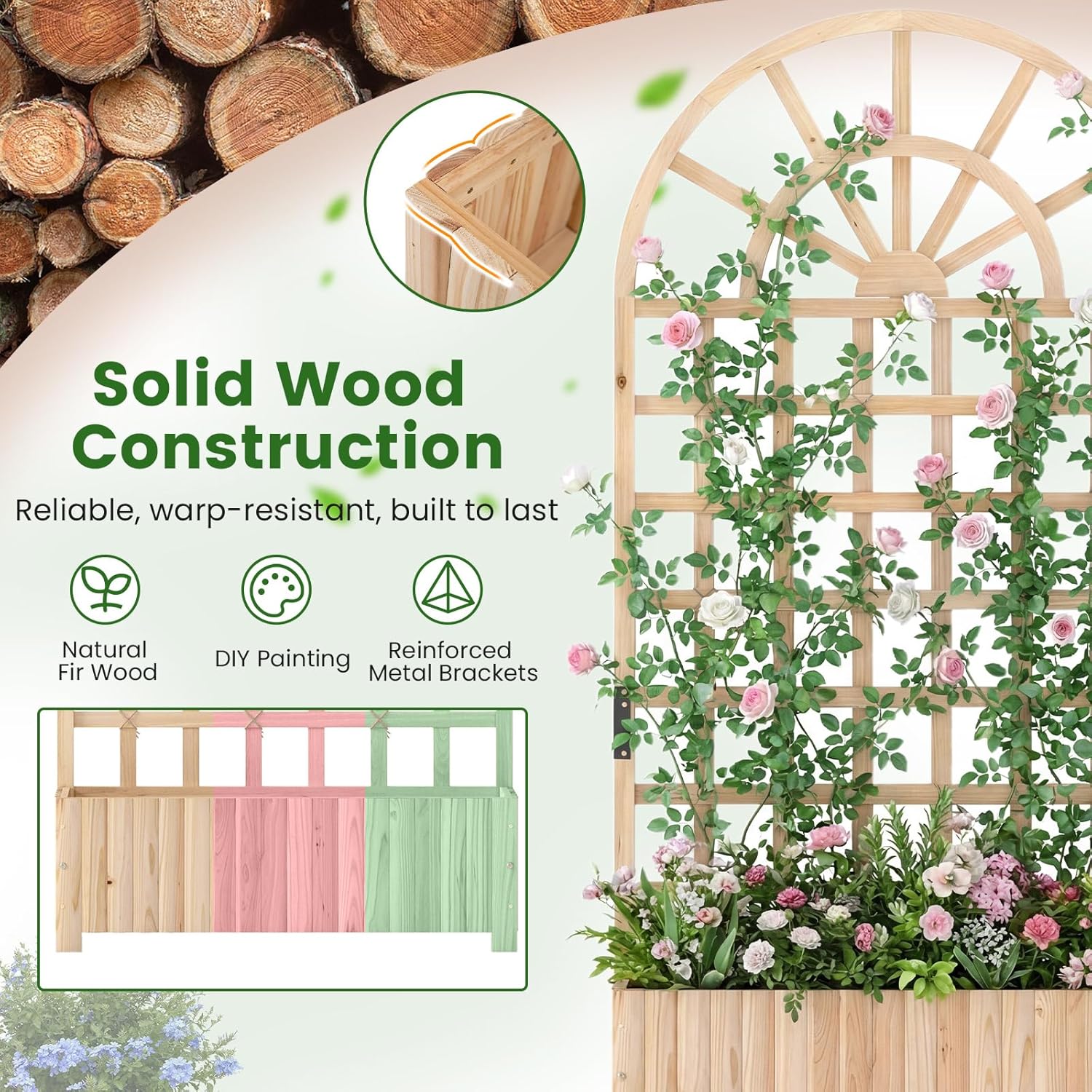 Happygrill Wooden Raised Garden Bed with Trellis, Outdoor Planter Box with Drainage Holes, Privacy Screen, Natural Fir Wood Elevated Garden Bed for Climbing Plants Flowers (1, Natural, 36''x12''x71'')