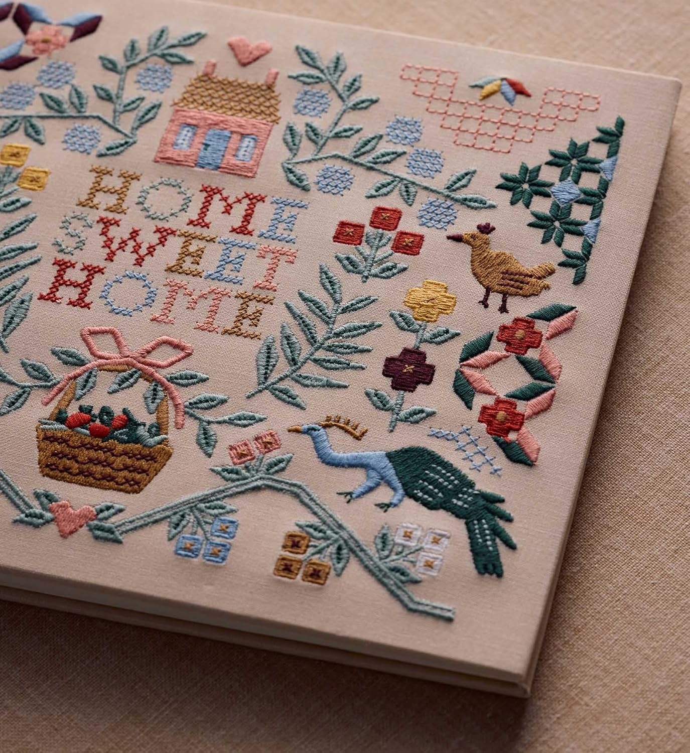 RIFLE PAPER CO. Home Sweet Home Embroidered Fabric Guest Book, Hard Cover Wrapped in Book Cloth & Ribbon Bookmark, (144 Ruled Pages Metallic Gold Ink, 10.25" W × 8.25" L)